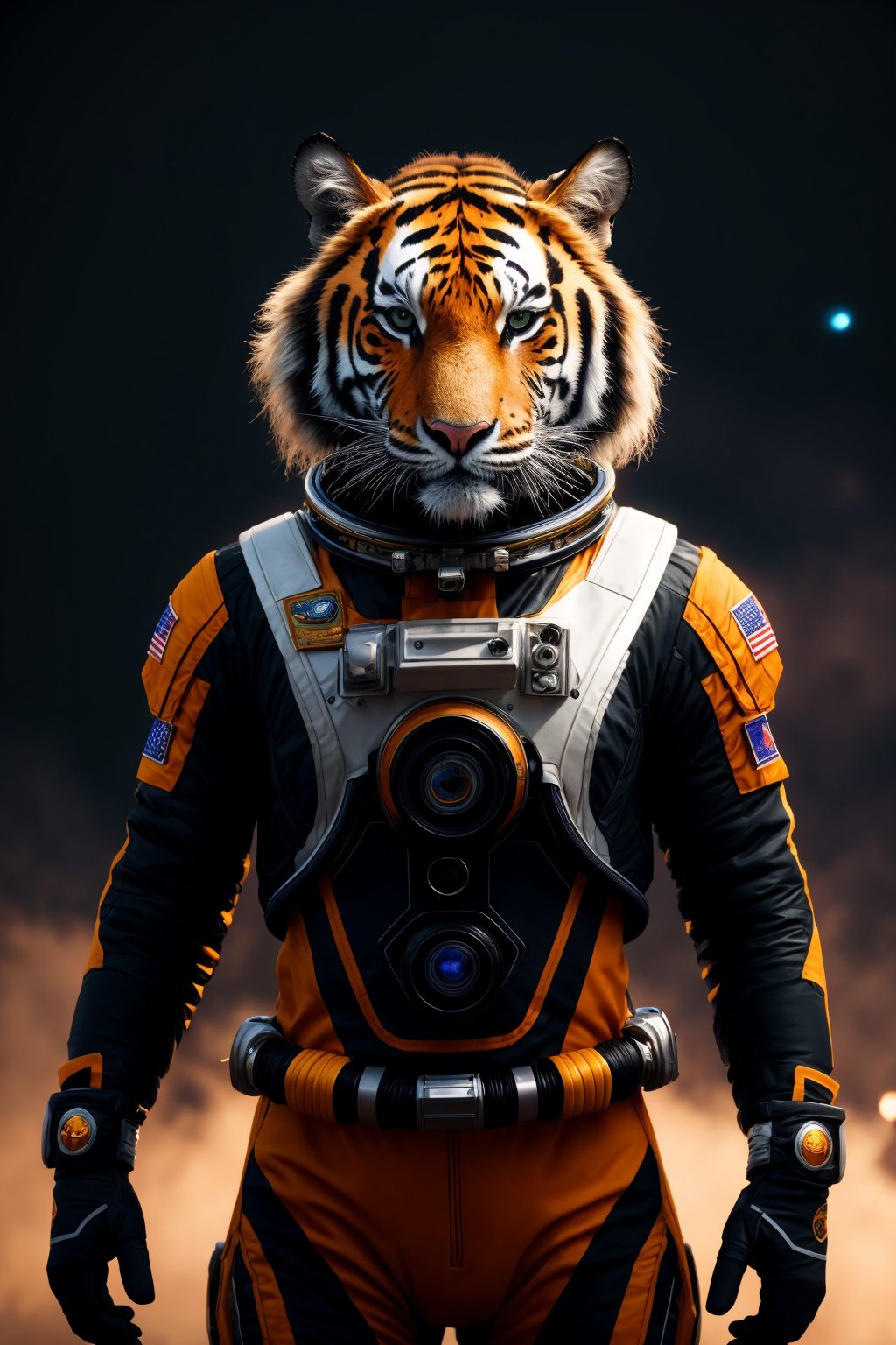 Realistic 8K raw photography, full body view, Majestic tiger prowling, Astronaut character concept, Intricate spacesuit design, (Vibrant color accents:1.2), Striking visor reflection, (Epic cinematic lighting:1.3), Hyper-realistic fur textures, Piercing gaze, Dynamic pose