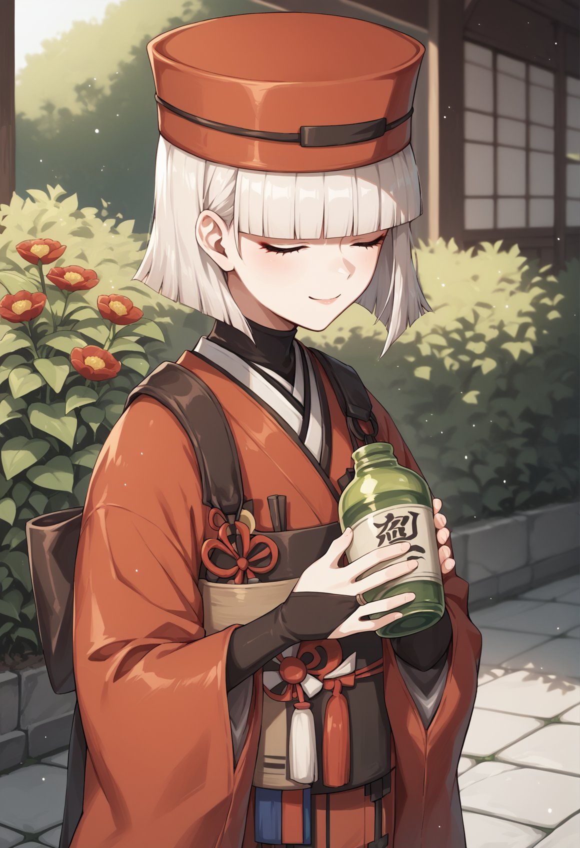 1girl, pale skin, short hair, grey hair, black eyes, bob cut, japanese clothes, kimono, red kimono, sash, long sleeves, wide sleeves, bridal gauntlets, hat, outdoors, garden, looking to the viewer, closed eyes, smile, holding bottle <lora:SenHime:1>, score_9, score_8_up, score_7_up, score_6_up, score_5_up, score_4_up, BREAK source_anime, masterpiece