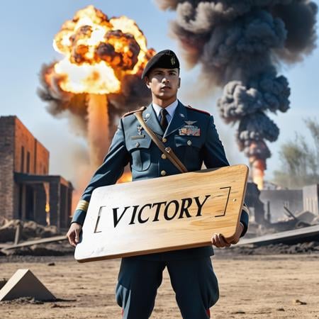 a powerful man soldier,  military dress,  holding a board in the hand,  standing in the battle ground,  bomb explosion in the background,  perfect blend of light with the scene,  board with text as "VICTORY" , style_brush, photo r3al, <lora:EMS-57135-EMS:0.800000>, , <lora:EMS-59452-EMS:1.000000>, , <lora:EMS-24184-EMS:0.800000>