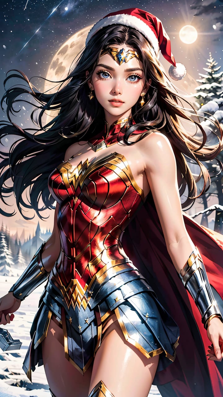 (best quality, masterpiece, colorful, dynamic angle, highest detailed)(Wonder Woman), upper body photo, fashion photography of cute black long hair girl (Wonder Woman), dressing high detailed Wonder Woman suit, Santa Clauss hat, (high resolution textures), in dynamic pose, bokeh, (intricate details, hyperdetailed:1.15), detailed, moonlight passing through hair, perfect snowing night, (fantasy background), (official art, extreme detailed, highest detailed), HDR+