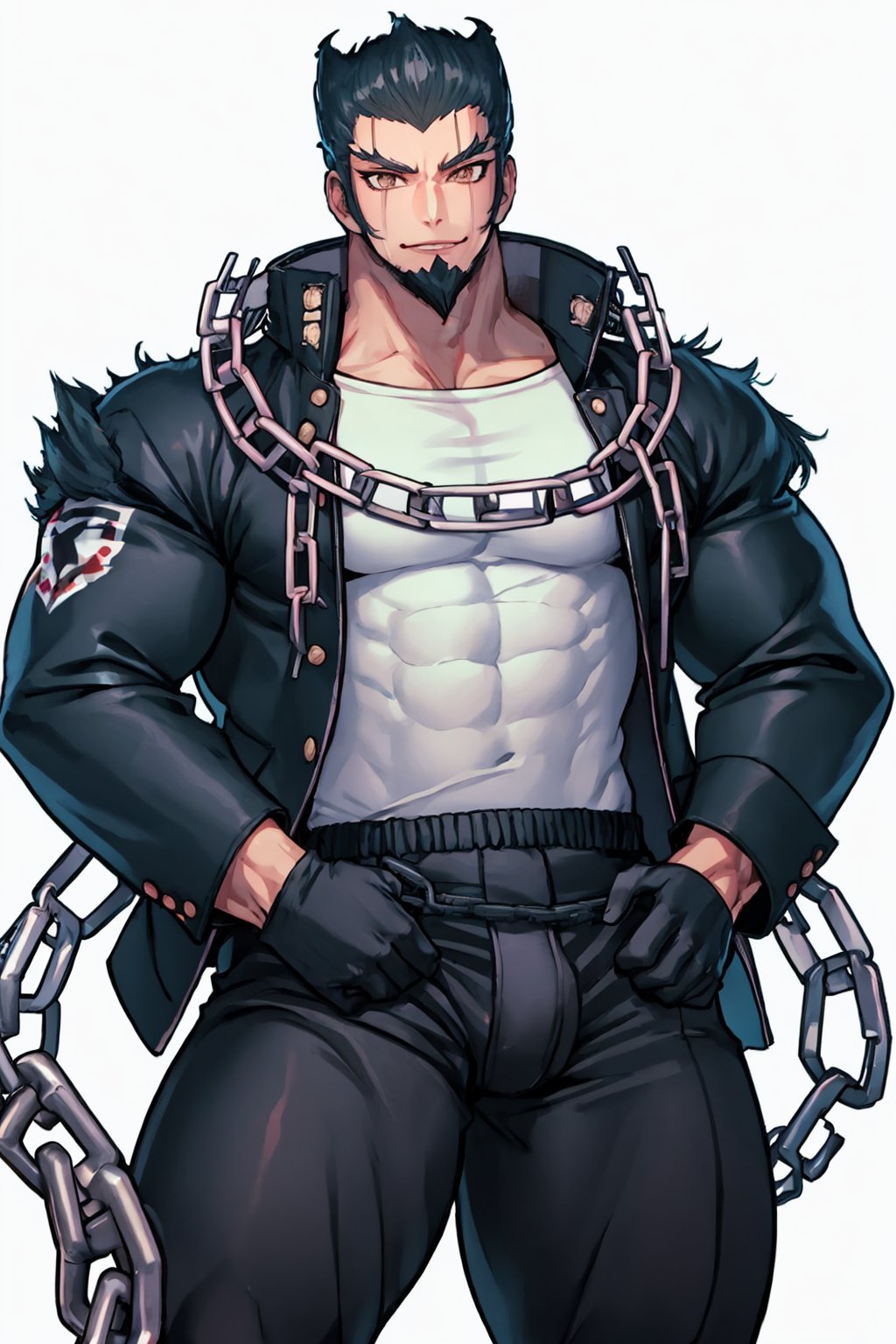 masterpiece,best quality, highly detailed, nidai nekomaru,1boy,solo,chain,goatee,looking at viewer,muscular male,bara,thick thighs,mature male,large pectorals<lora:nidai_nekomaru:1>,simple background,white background