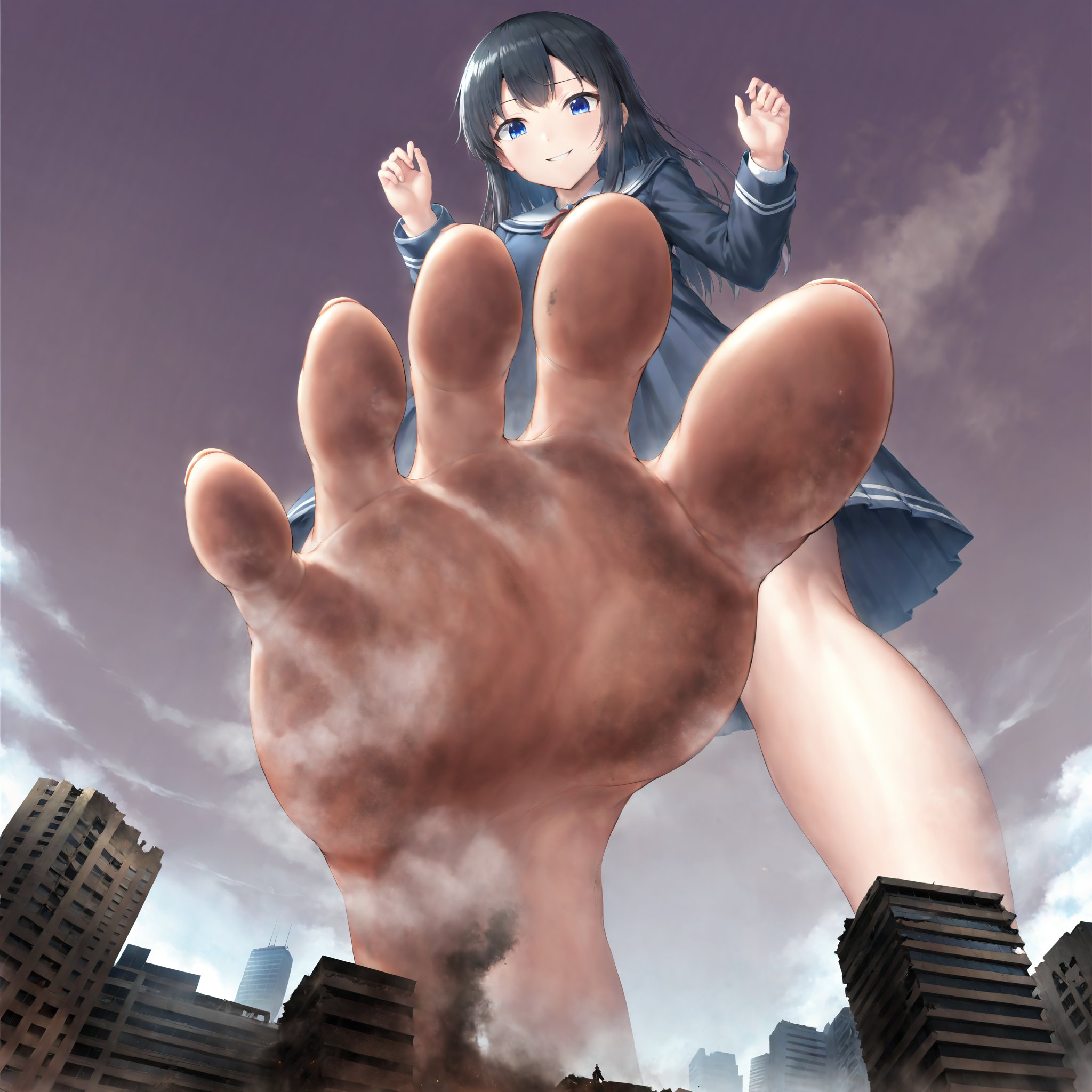 masterpiece, best quality, extreme detailed, absurdres,a pov low angle view of a girl stepping on the viewer with her barefoot, city under girl's foot, from below, soles, toes, looking down at viewer, low angle view, sky, cloud, giantess, jvdaniang, dishijiao,  luozu, wangbei, dirty feet soles, steam around feet, steam from feet, steaming feet, black hair, evil smile, school uniform, skyscraper, city,  dirty, ruins on feet soles, destruction, feet up, stepped on, stomping, one foot out of frame, foot focus, airplane under feet, standing on one leg, perspective, foreshortening, <lora:jvdaniangXL-beta:0.7>, anime, solo, <lora:add-detail-xl:1>