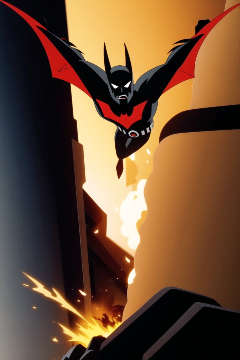 Masterpiece, best quality, ultra-detailed, Batman-Beyond, Beyond-Wings, emerge from fire, dramatic, cinematic, solo, male focus, crouched, (holding debris :1.1)  <lora:Batman_Beyond-20:0.9>