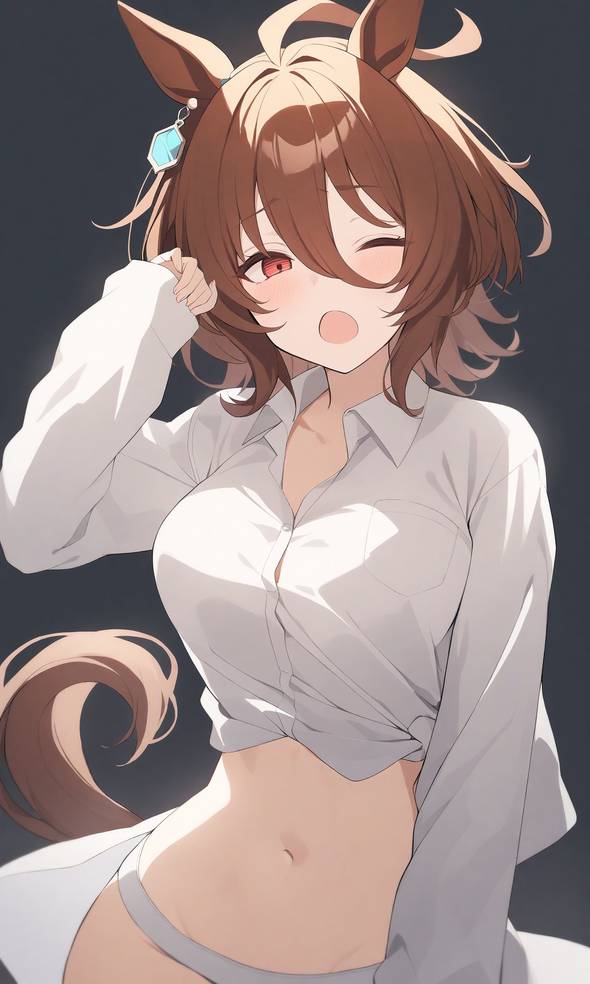 1girl  agnes_tachyon_(umamusume) ahoge alternate_costume animal_ears arm_up blush breasts brown_hair collared_shirt cowboy_shot hair_between_eyes horse_ears horse_girl horse_tail long_sleeves looking_at_viewer medium_breasts navel one_eye_closed open_mouth red_eyes shirt short_hair simple_background solo tail white_background white_shirt yawning  highres absurdres best_quality 