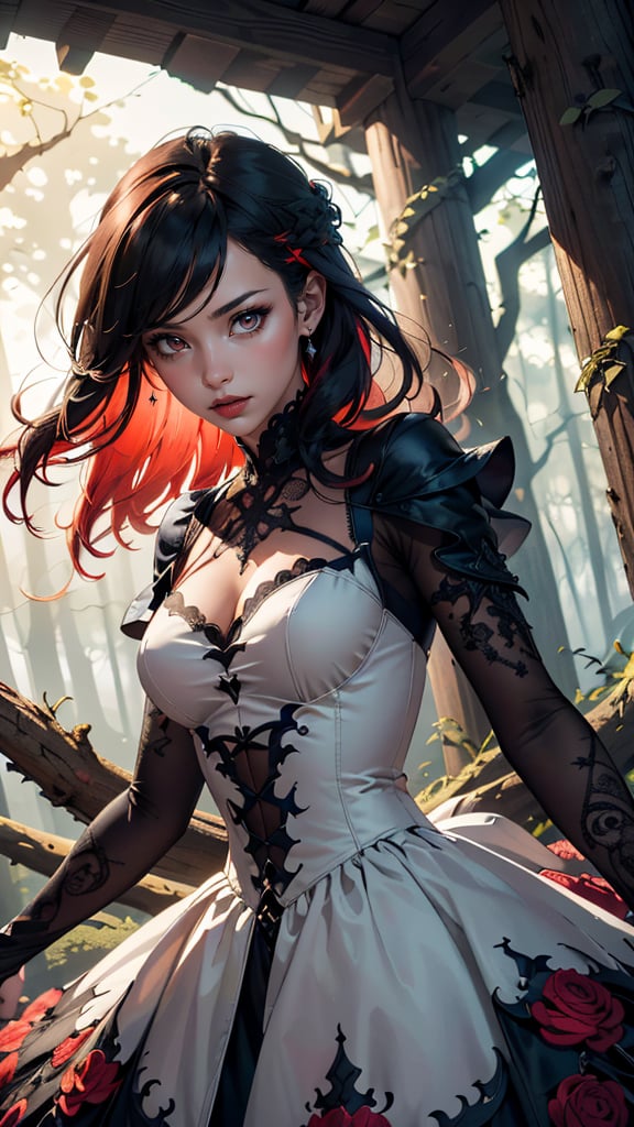 (masterpiece drawning, high quality), (solo:1.1), a digital art of a girl, high detailed gothic dress, (red/white/black), mistery forest, extreme details, (vibrant color), (intricate details), (dynamic angle)