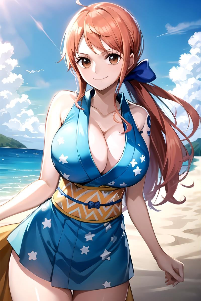 <lora:SC-OP_Nami_Kimono:1>, opn4m1k1m0n0, 2d, masterpiece, best quality, anime, cowboy shot, smile, kimono, obi, hair bow, cleavage, ponytail, beach 