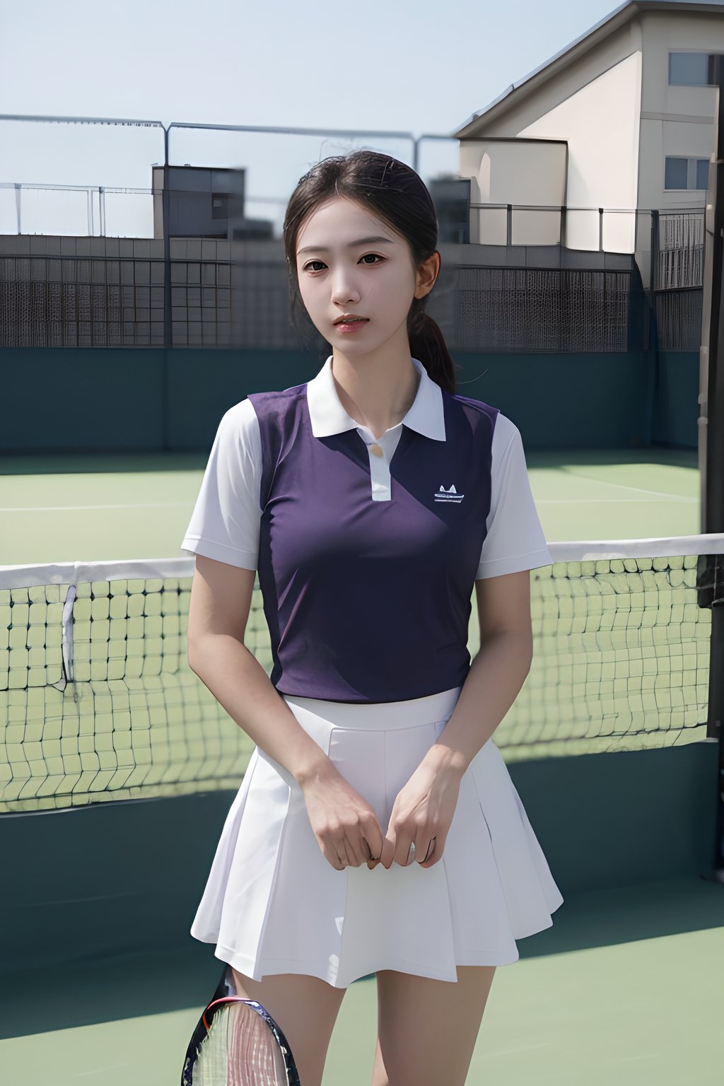 <lora:0830_09:0.7>,purple tennis_uniform,, 1girl,realistic,masterpiece, best quality, photorealistic, HDR,detail