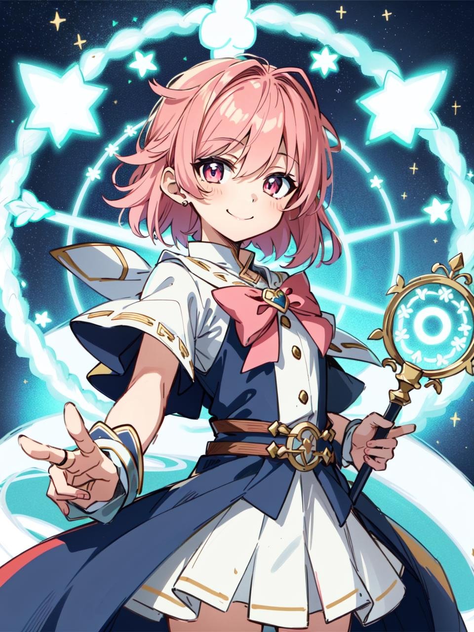 masterpiece, best_quality, ultra-detailed, illustration, art nouveau, viewfinder, cowboy shot, looking at viewer, ((solo)), ((1girl)), magical girl, magic circle, pink hair, smile, holding staff, mage staff,