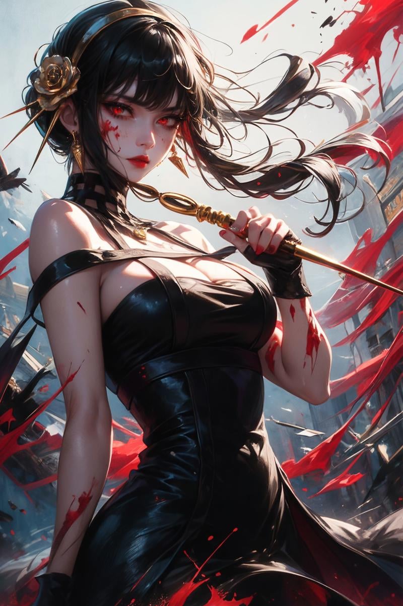 XUER Yor Forger,1girl,yor briar,solo,blood,red eyes,breasts,holding,dress,gloves,flower,black hair,holding weapon,black dress,blood on face,fingerless gloves,hair ornament,hairband,earrings,black gloves,jewelry,blood on weapon,hair flower,red lips,long hair,large breasts,sidelocks,floating hair,looking at viewer,rose,dual wielding,gold hairband,blood on arm,cleavage,bare shoulders,blood on clothes,blood splatter,bangs,gold earrings,red nails,sleeveless,cowboy shot,blood on hands,lips,sleeveless dress,short hair with long locks,reverse grip,two-sided dress,spikes,A shot with tension,(Visual impact,giving the poster a dynamic and visually striking appearance:1.2),impactful picture,(masterpiece, best quality:1.2),offcial art,movie perspective,advertising style,magazine cover,very aesthetic,disheveled hair,very aesthetic,illustration,disheveled hair,perfect composition,moist skin,intricate details,<lora:绪儿 约尔福杰 XUER Yor Forger:0.8>,