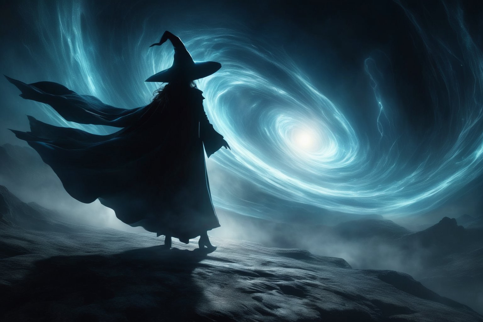 a witch stands on the edge of a black hole, her long black cloak billowing in the wind. her pointed hat casts a shadow on the ground, and her eyes glow with an otherworldly light. the black hole seems to be pulling her closer, and she is fighting to resist its gravitational pull., glossy, rtx, reflections, soft light, soft shadows, dramatic lighting, atmospheric, global illumination, unreal, octane, (two tone lighting:1.5), (cyan light:1.4), alphonse mucha