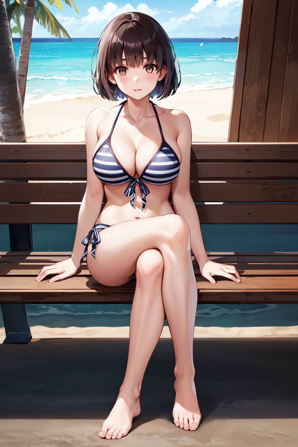 masterpiece, best quality, highres, ccmegumi, short hair, collarbone, cleavage, striped bikini, front-tie top, side-tie bikini bottom, <lora:katou_megumi_v2:0.7>, bench, beach, sitting, crossed legs, 