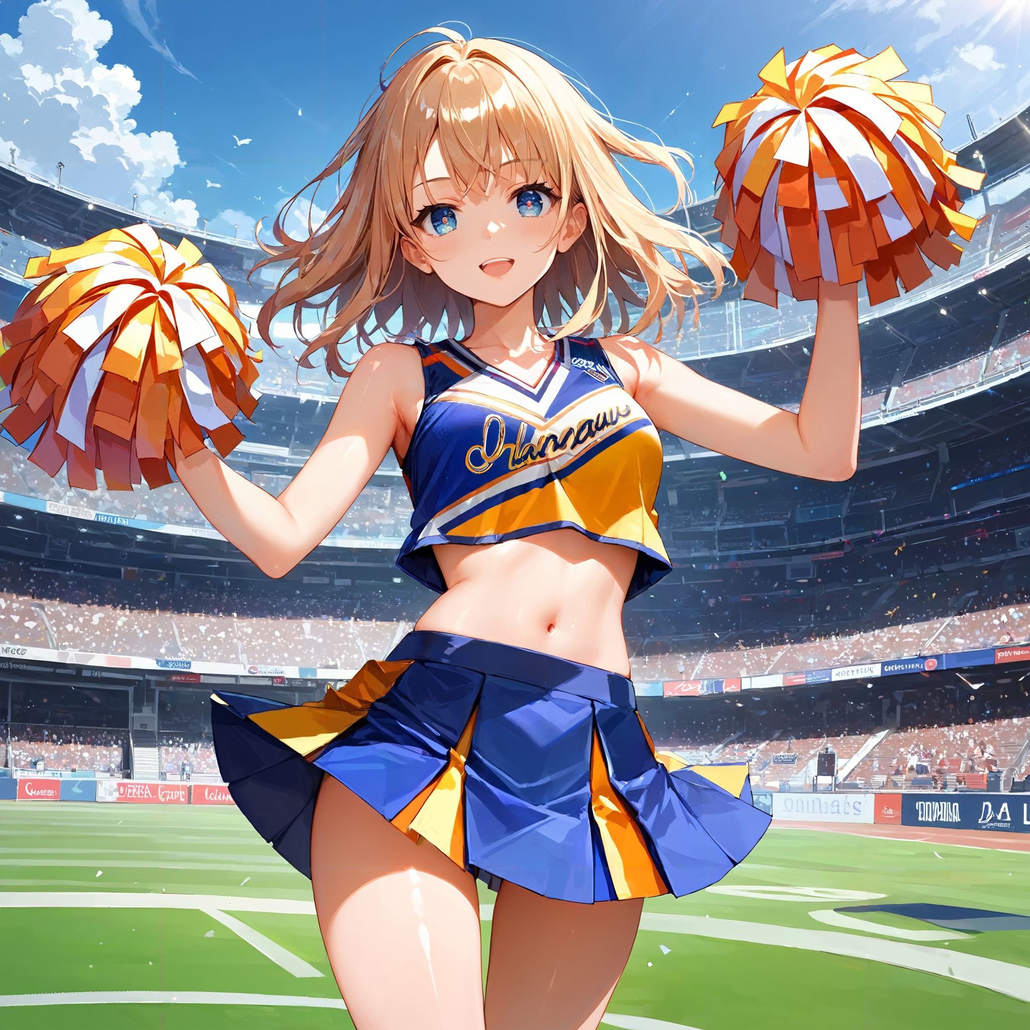 score_9, score_8_up, score_7_up,source_anime, high res image,masterpiece,best quality,girl,cute face,clear skin,shiny hair,ultra detailed eyes <lora:cheerleader_pony_V1.0:1> jyojifuku, cheerleader, pom pom \(cheerleading\)