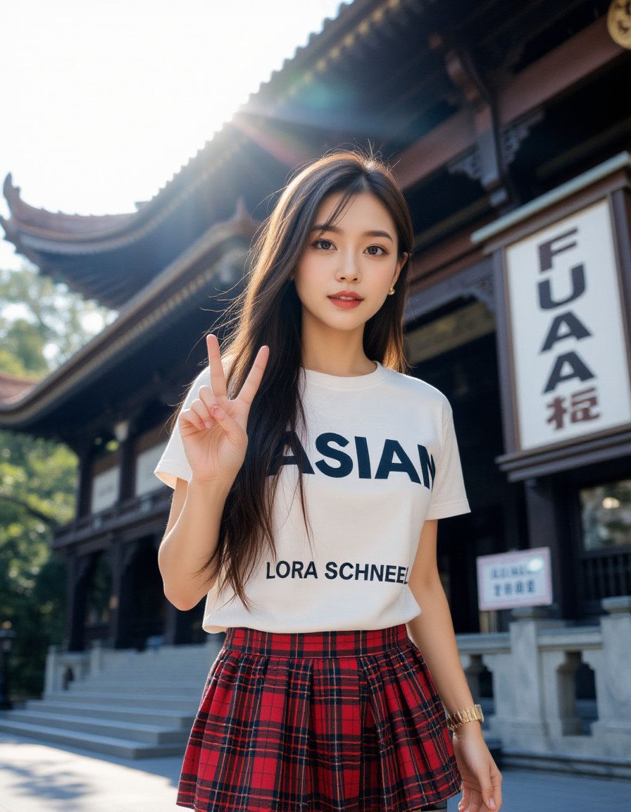 A photograph of an incredibly beautiful 18-year-old girl with long, stylish gradient brown hair, standing confidently at a street during daylight. She is wearing a shirt painted "FLUX ASIAN LORA SCHNEEL" in boldly large, readable lettering, making the message stand out clearly. Her hand posing V symbol to viewer. Her outfit includes a red plaid pleated mini skirt that adds a touch of youthful energy and vibrancy to her look, complementing the serene and historic backdrop of the temple. The natural light highlights her confident posture and elegant features, while the traditional architecture of the temple, with its wooden beams and intricate design, contrasts beautifully with her modern, stylish appearance. The atmosphere is serene, with the warm sunlight casting soft shadows and enhancing the overall balance between youthfulness and cultural heritage in the composition <lora:hinaFluxAsianMixLora-schnell_v2:0.9>