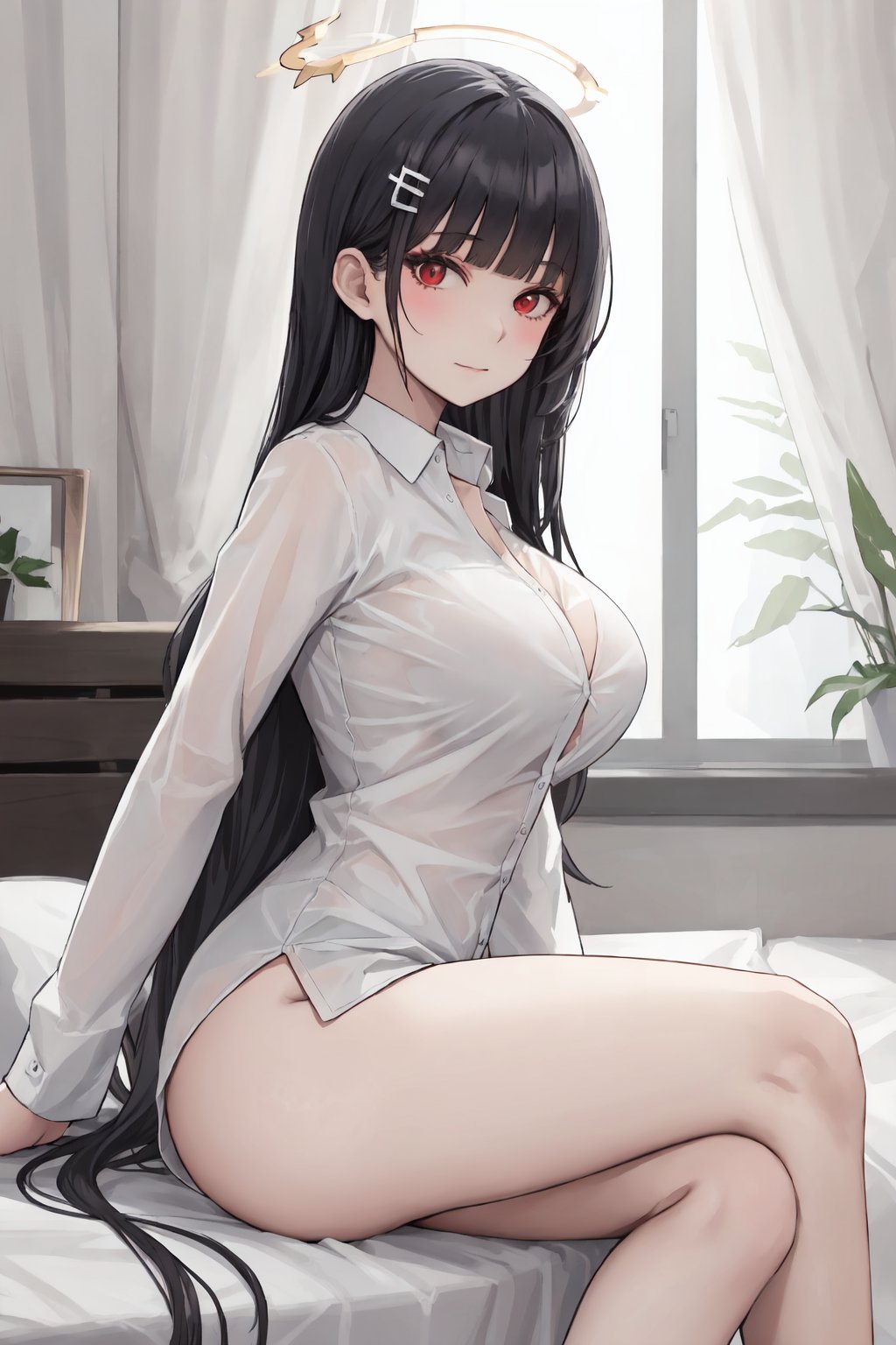 1girl, long hair, solo, breasts, black hair, halo, shirt, sitting, white shirt, blush, large breasts, very long hair, from side, sleeves past wrists, looking at viewer, bangs, long sleeves, red eyes, hair ornament, naked shirt, collared shirt, curtains, blunt bangs, hairclip, closed mouth, dress shirt, thighs, crossed legs, on bed