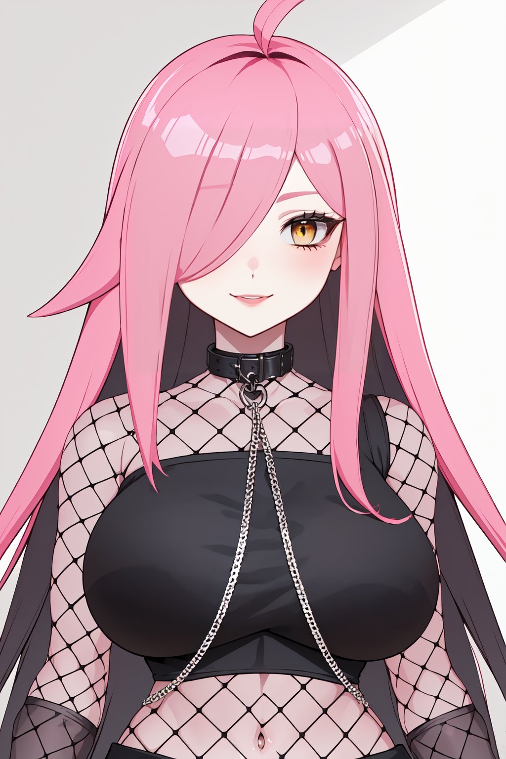 (masterpiece, best quality), NeneEfthyVT, yellow eyes, hair covering one eye, long hair, pink hair, ahoge, collar, collar with chain, black crop top, (mesh:1.3), (potrait shot, upper body:1.2), looking at viewer, seductive smile, simple background,   <lora:NeneEfthyVT:0.7>