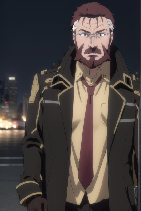 blitztalker, <lora:blitz talker s1-lora-nochekaiser:1>,blitz talker, brown hair, male focus, red hair, multicolored hair, facial hair, scar, (black eyes:1.5), beard, glasses,BREAK shirt, gloves, necktie, black gloves, coat, yellow shirt,BREAK outdoor, city, night, sky, buildings, moon, clouds,BREAK looking at viewer, (cowboy shot:1.5),BREAK <lyco:GoodHands-beta2:1>, (masterpiece:1.2), best quality, high resolution, unity 8k wallpaper, (illustration:0.8), (beautiful detailed eyes:1.6), extremely detailed face, perfect lighting, extremely detailed CG, (perfect hands, perfect anatomy),