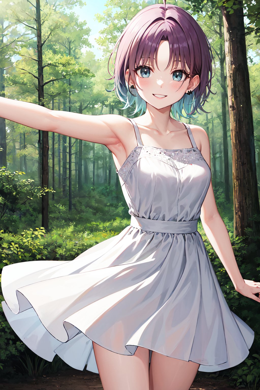 masterpiece, best quality, highres, aatoru, short hair, gradient hair, ahoge, earrings, <lora:asakura_toru_v1:0.7>, sundress, white dress, forest, smile, outstretched arms,