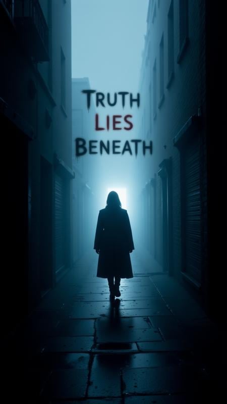 A mysterious movie poster featuring a shadowy figure walking down a foggy alley, where the fog swirls and spells out "Truth Lies Beneath" as the figure approaches a glowing doorway.  , aidmaTextImprover