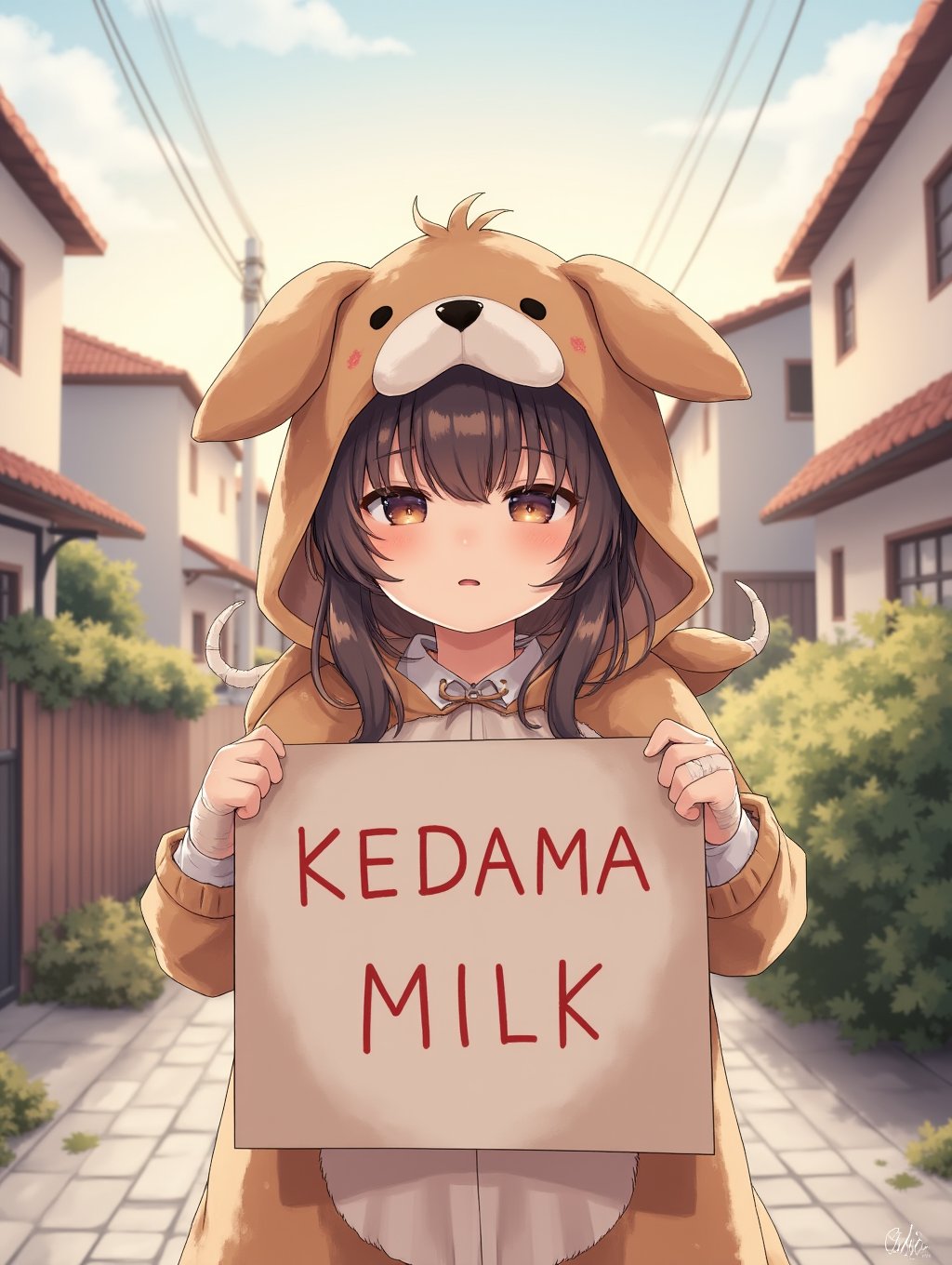 kedamamilk,houses in background, very cute little girl, sad girl, (((kawai))), bandaged hands, messy hair, dog costume, holding a sign that says "KEDAMA MILK"<lora:kedama-000019:0.95>,