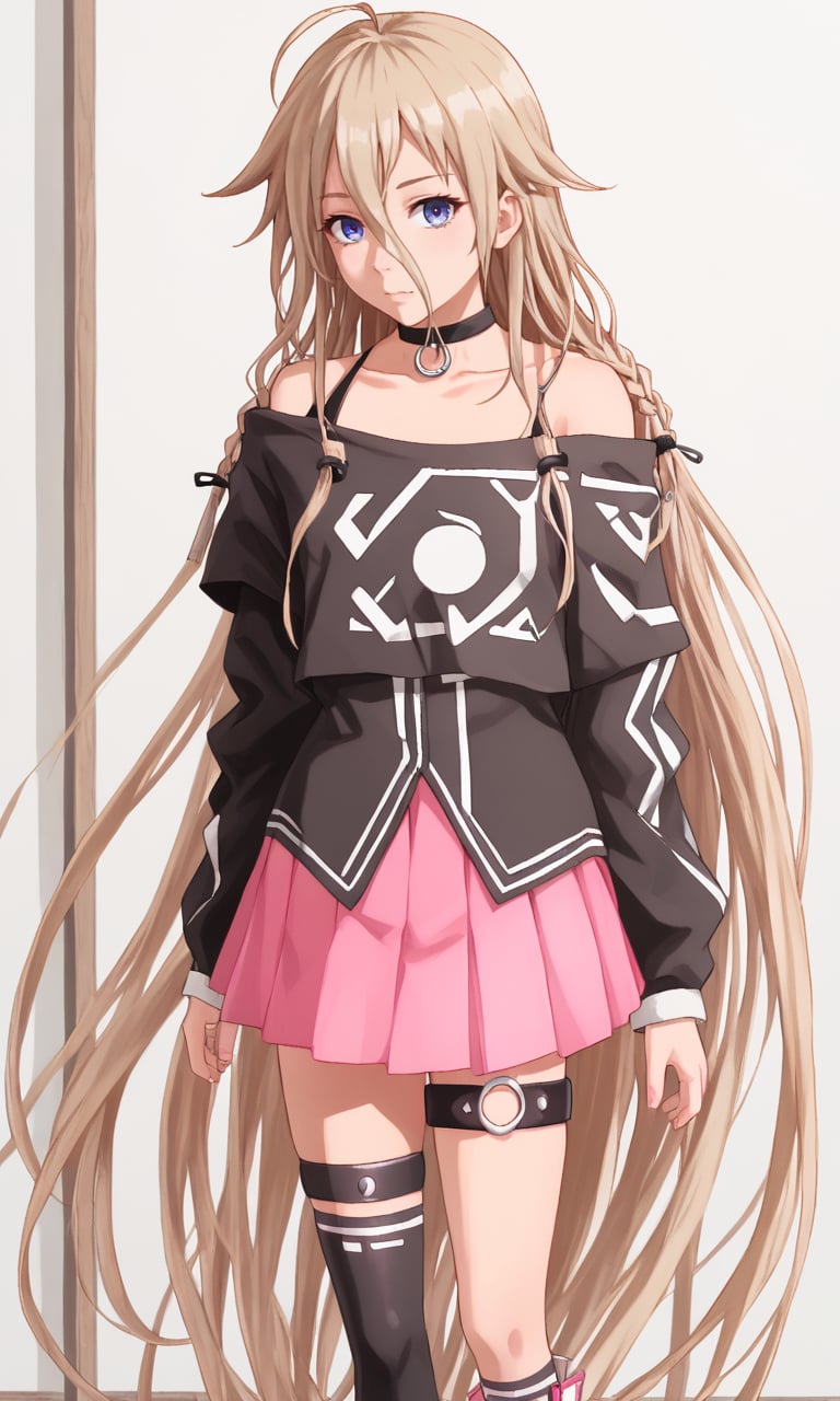 1girl, solo, cowboy shot <lora:IAXLpony1:1> ia, blonde, ahoge, twin braids, floating hair, very long hair, choker, black off-shoulder shirt, pink pleated skirt, asymmetrical legwear, thigh strap, knee boots, 