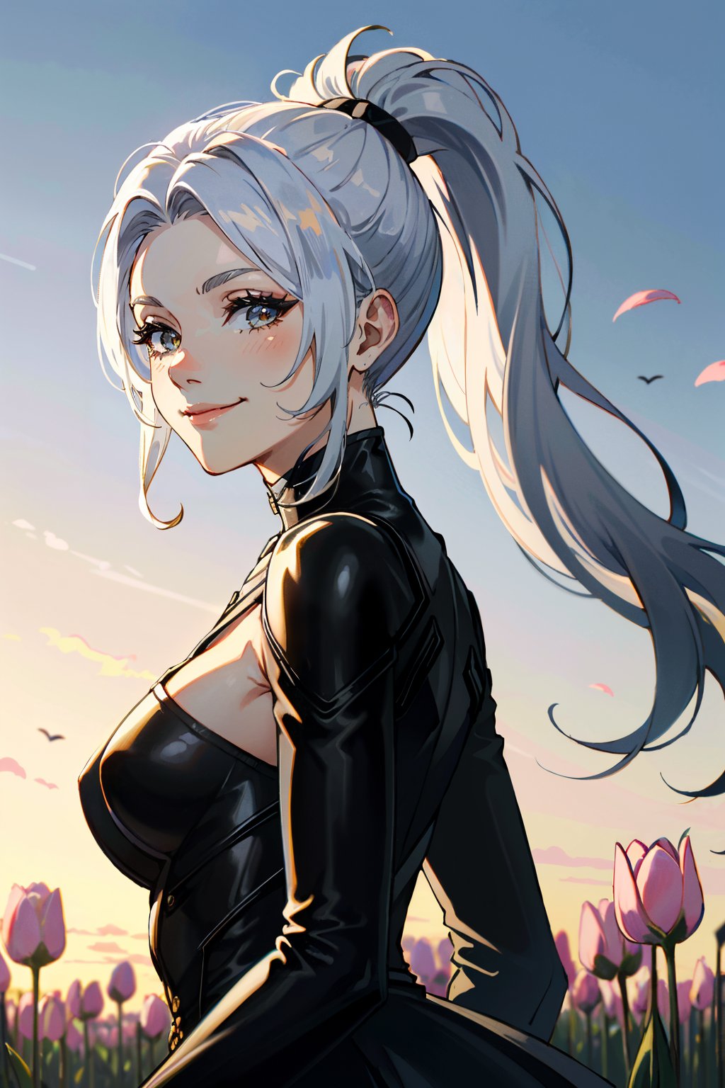 ((ultra detailed, masterpiece, absurdres)) <lora:SpiderBlackCat:0.9>SpiderBlackCat, 1girl, white hair, ponytail, in a field of tulips, golden hour, elegant dress, smiling