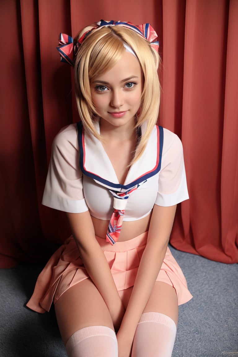 1girl, solo, looking at viewer, skirt, blonde hair, thighhighs, twintails, sitting, school uniform, hairband, necktie, serafuku, spread legs, sailor collar, cosplay, realistic<lora:EMS-263-EMS:0.600000>, <lora:EMS-48083-EMS:0.300000>, <lora:EMS-430768-EMS:0.800000>