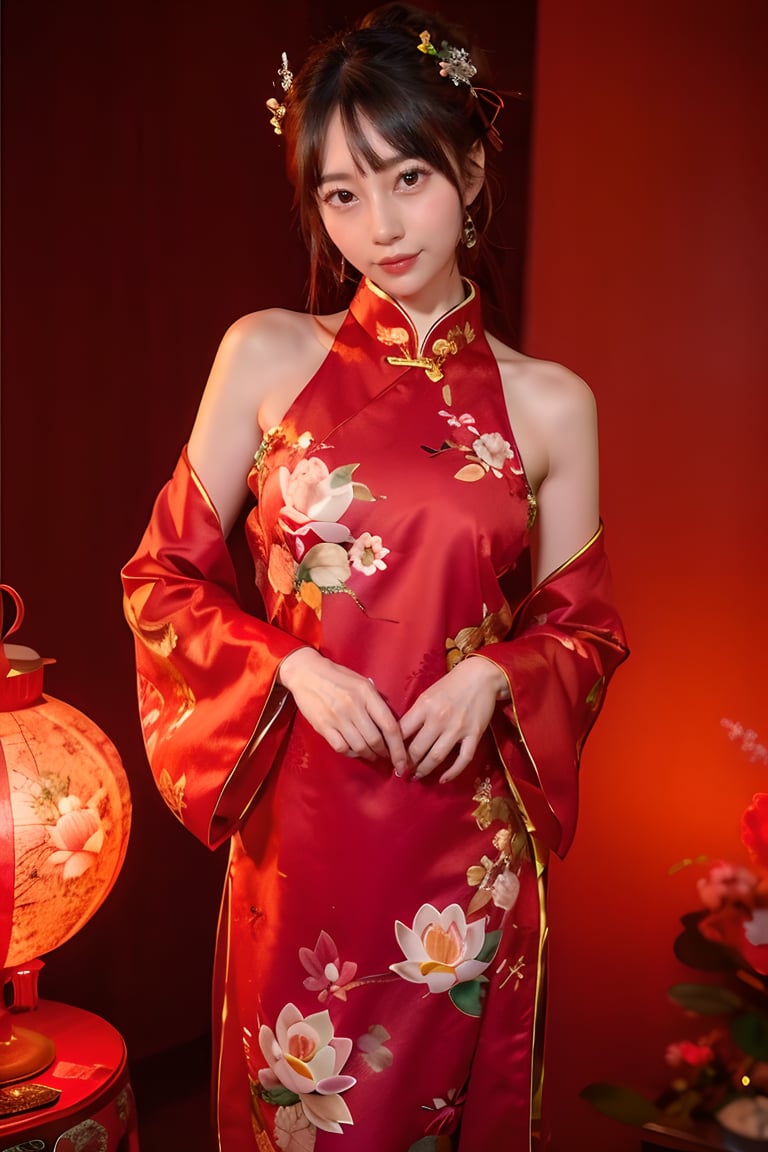 <lora:sdenginetask455-000008:0.78>, sdenginetask455-000008, 1girl,cowboy_shot,(lotus:1.2),shiny skin,realistic style with fantasy elements,jewelry,Surrealism,wide sleeves,detailed clothing,dress,chinese clothing,chinese new year,elegant posture,lantern/lamp,(chiaroscuro,Fujicolor, UHD, super detail ,raw,85mm,f/1.2,FujifilmXT4,)