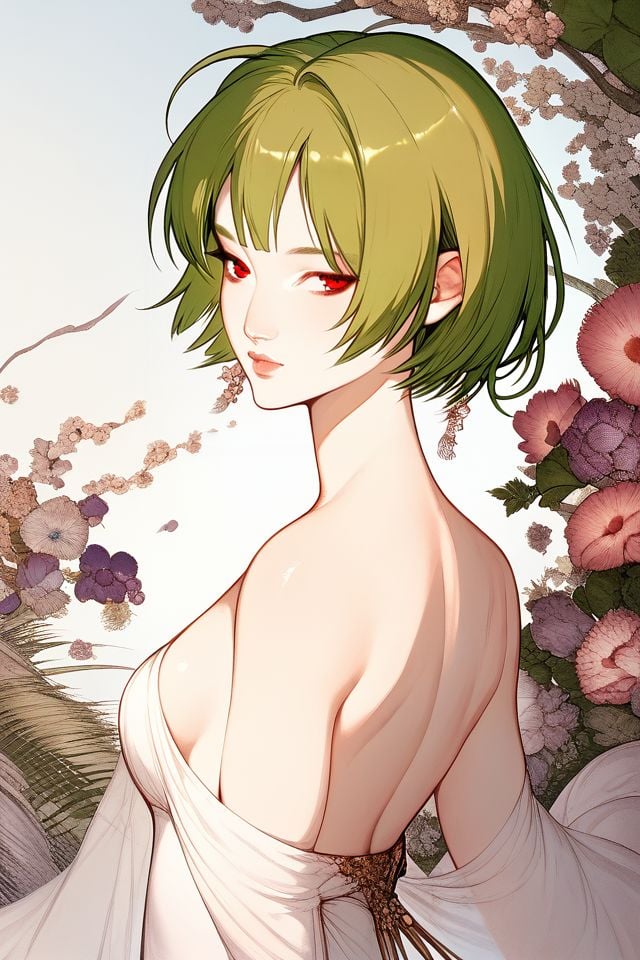 score_7_up, 1girl, :D, hand_behind_back, light_green hair, bangs, topknot, red eyes, small breasts, beautiful background <lora:Amano_Yoshitaka_PonyXL_style_v01.10.01:1>