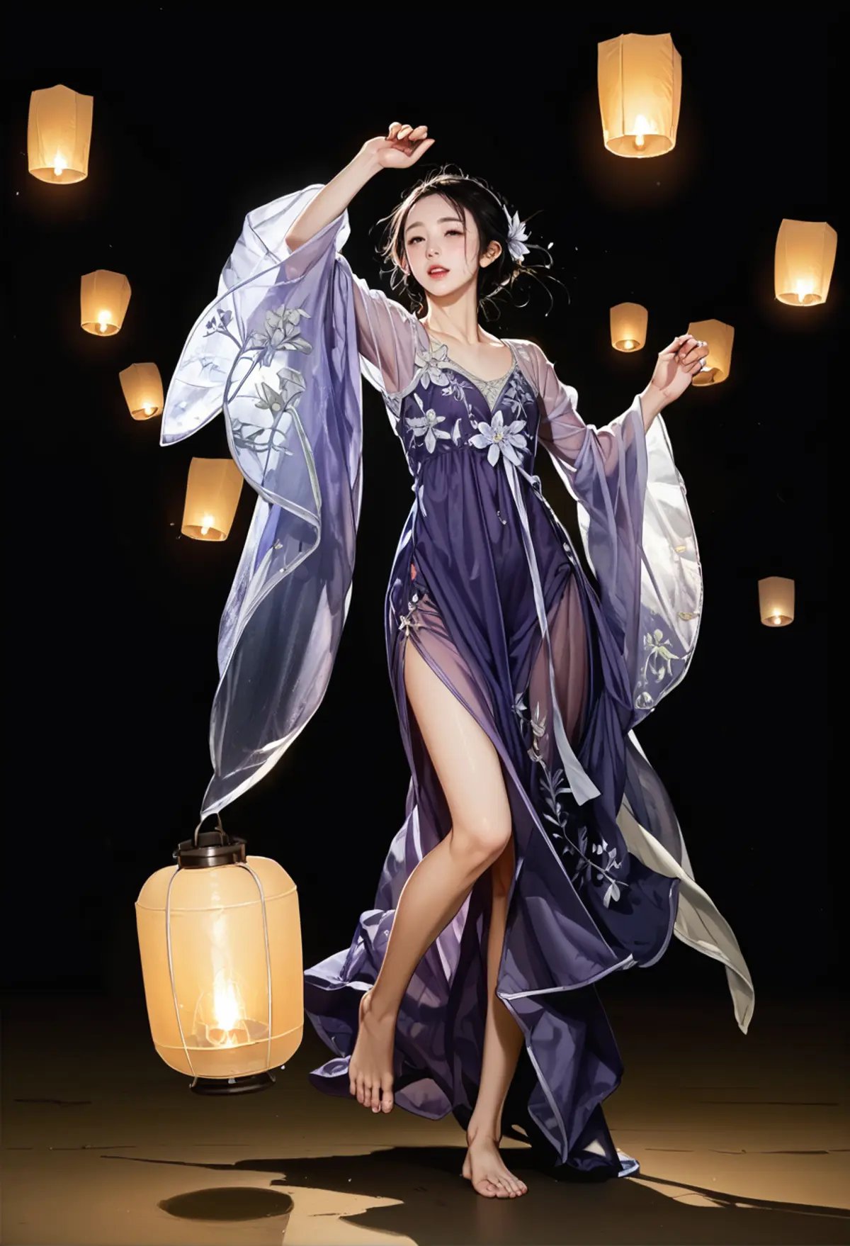 ,ruanyi0799,lantern,glowing,night sky,no humans,dancing,barefoot,,ruanyi0752,hanfu,purple dress,see-through,wide sleeves,<lora:0799 Kongming lantern_v1_pony:1>,<lora:0752 Wisteria butterfly hanfu_v1_pony:0.8>, score_9,score_8_up,score_7_up,,8k,1girl,solo,,