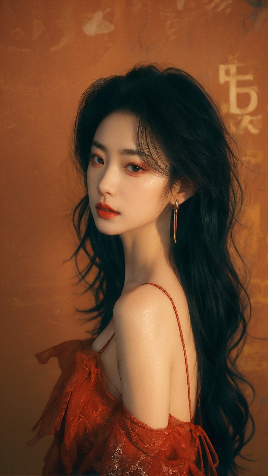 sdmai, hongchen, 1girl, solo, realistic, black hair, earrings, jewelry, looking at viewer, red lips, upper body<lora:SDMAI红尘hongchen:0.7>,