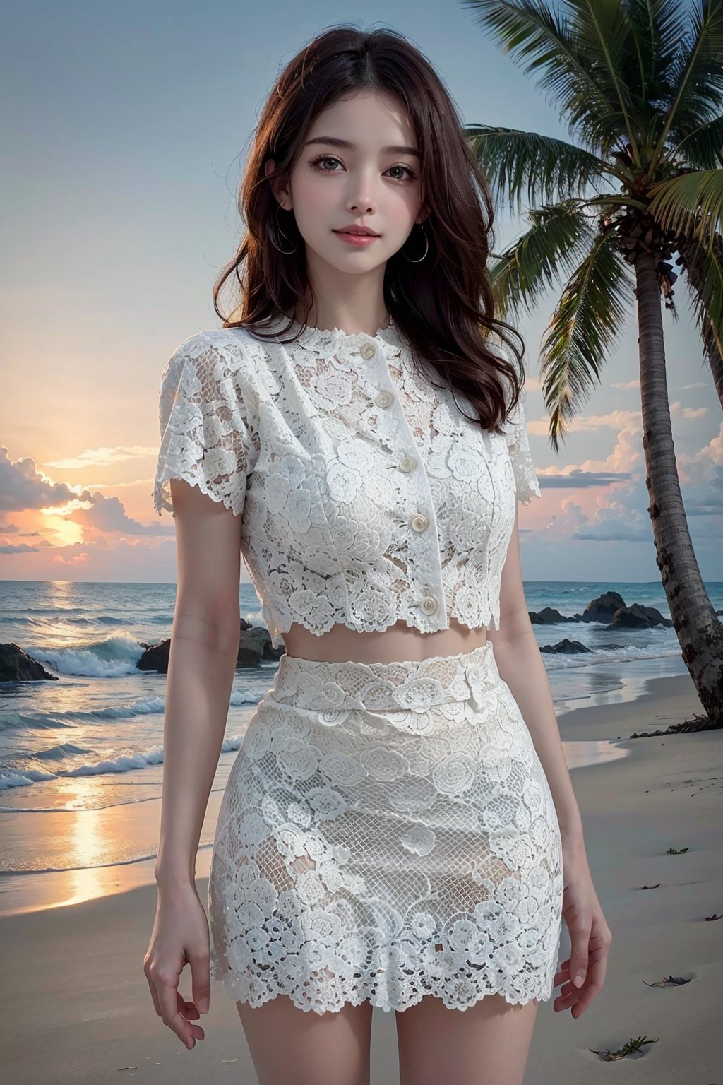 Best quality,  masterpiece,  ultra high res,  (photorealistic:1.4),  (upper body),  raw photo,  (highly detailed:1.3),  full body,  large breasts,  bzroselina,  white shirt,  white skirt,  closed mouth,  light smile,  beach,  sea waves,  coconut trees,  Ultra-detail,  (highres:1.1),  best quality,  (masterpiece:1.3),  cinematic lighting,  (night time),  starry sky:1.3,<lora:EMS-294864-EMS:0.700000>