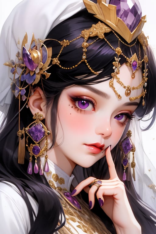 <lora:nicestyle_20240428164033-000006:0.9>,best quality,masterpiece,1girl,solo,long hair,looking at viewer,bangs,simple background,black hair,hair ornament,white background,jewelry,closed mouth,purple eyes,hand up,nail polish,mole,eyelashes,makeup,mask,ring,gem,portrait,veil,mole under mouth,eyeshadow,purple nails,gold,blue gemstone,purple gemstone,