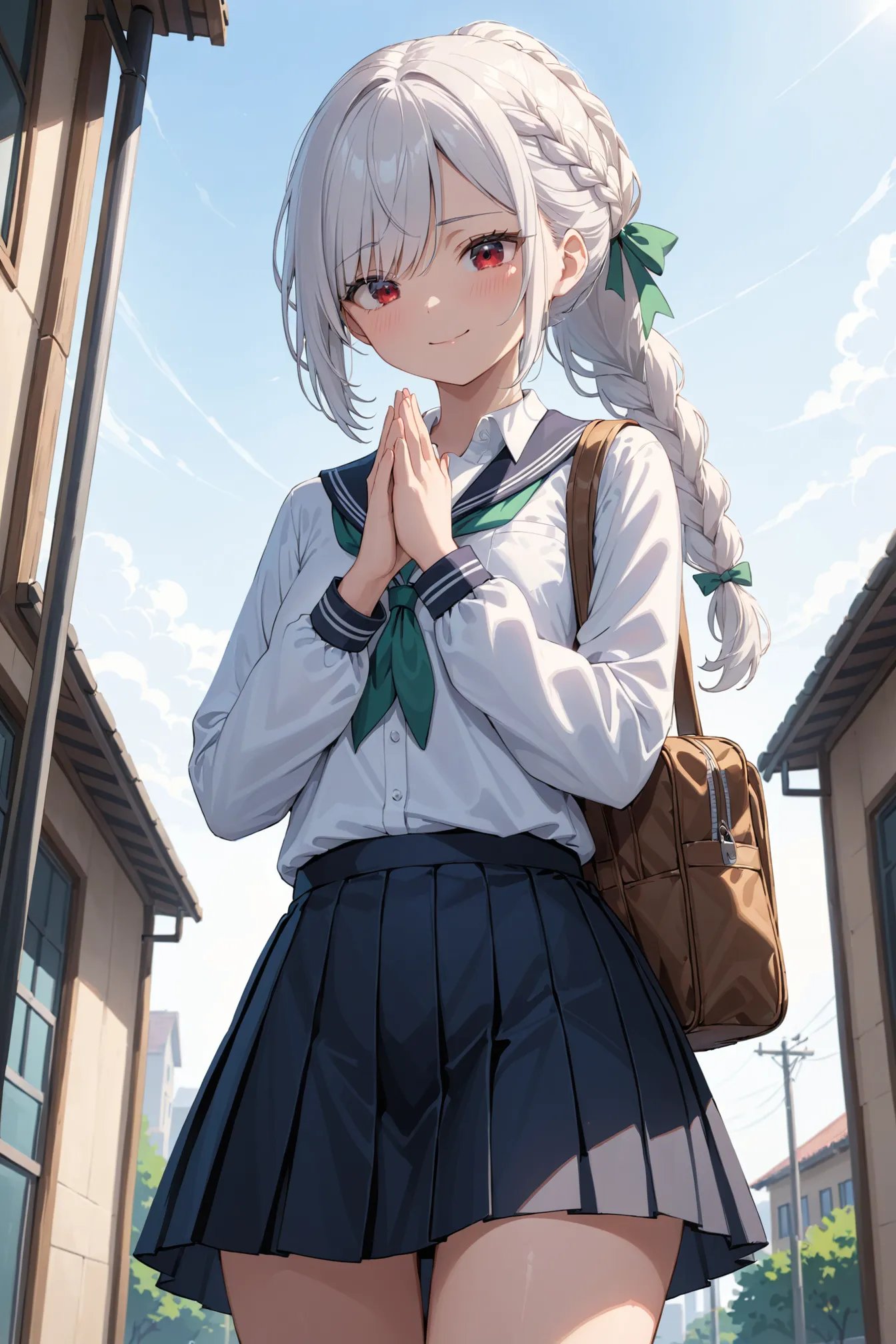 1girl, solo, masterpiece, best quality, very aesthetic, outdoors, black skirt, blue eyes, braid, braided ponytail, closed mouth, collared shirt, cowboy shot, dutch angle, from below, green ribbon, hair over one eye, hair over shoulder, hand up, long hair, long sleeves, looking down, neckerchief, own hands together, ponytail, red eyes, ribbon, school bag, school uniform, skirt, smile, standing, swept bangs, v-shaped eyebrows, white hair