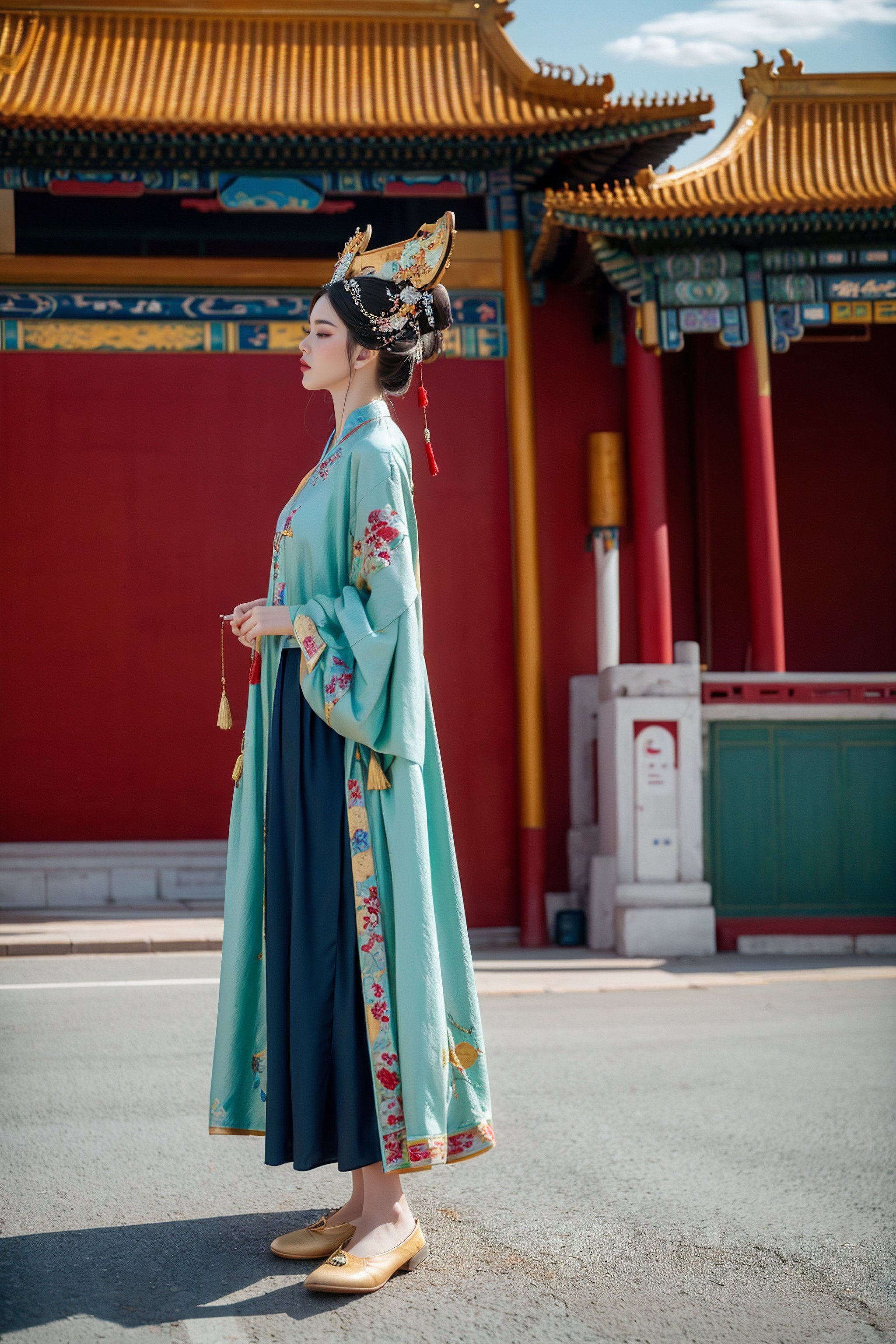 gugong, Sky, cloud, sky, 1 Hanfu girl, fine headdress, full body, Embroidered Flats, foot-free, solo, Audience, outdoor, Five Fingers, 2 Hands, blue sky, scenery, East Asian architecture, architecture, Forbidden City, road, 8K, photographic Wilight W resolution, Hyphos profile