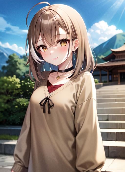 <lora:mumei1-000005:1.0>, mumeithird, upper body, smile, blush, outdoors, day, simple background, blue sky, sky, temple, looking at viewer, stairs, mountain, moody lighting, facing viewer,