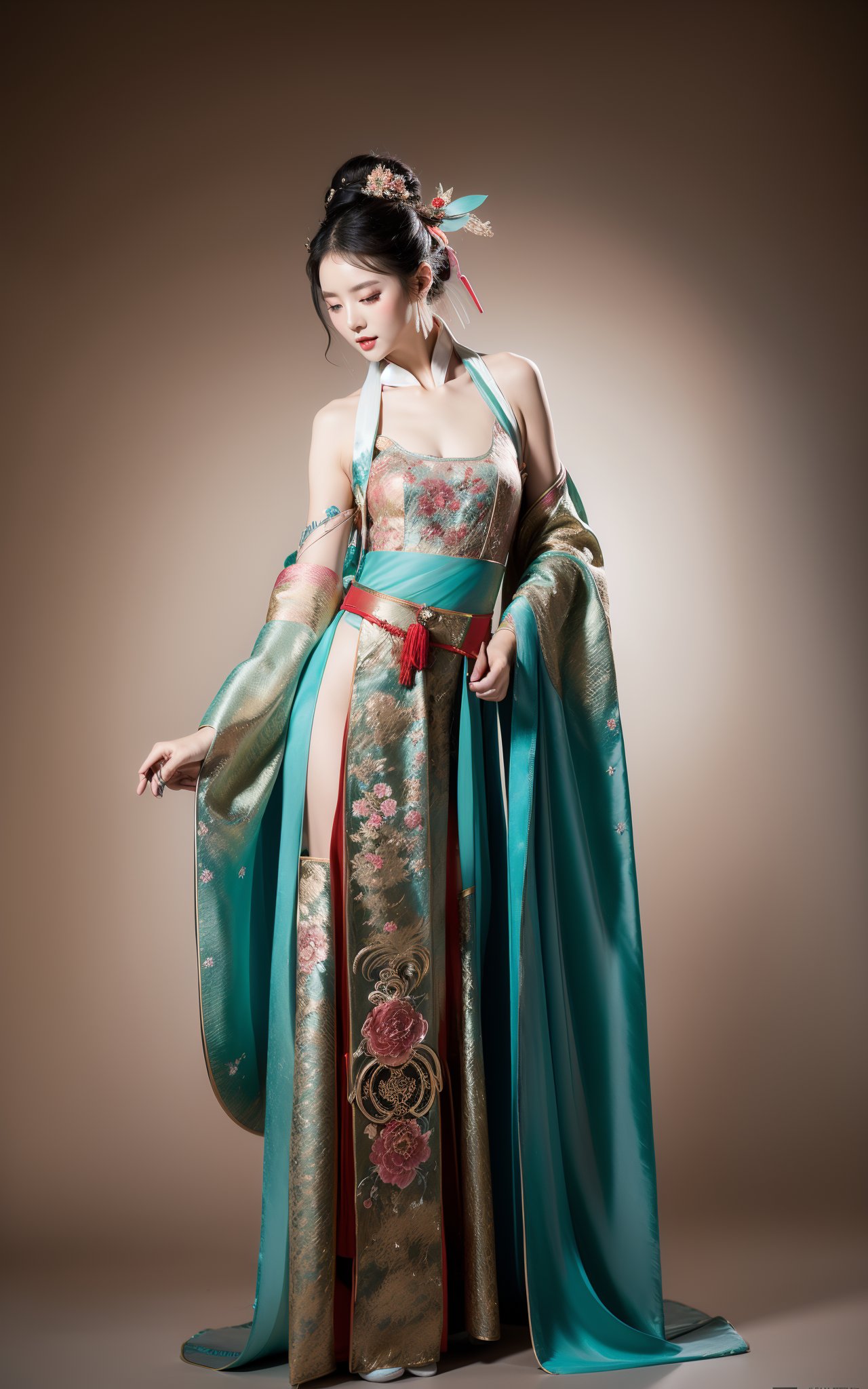 opera stage,(girl in hanfu:1.2),Vass Roland cover art body art future bass girl un wrapped smooth body fabric folds statue bust curls of hair petite lush front view body photography model full body curvebody art vibrant opera background Jonathan of metal skin material