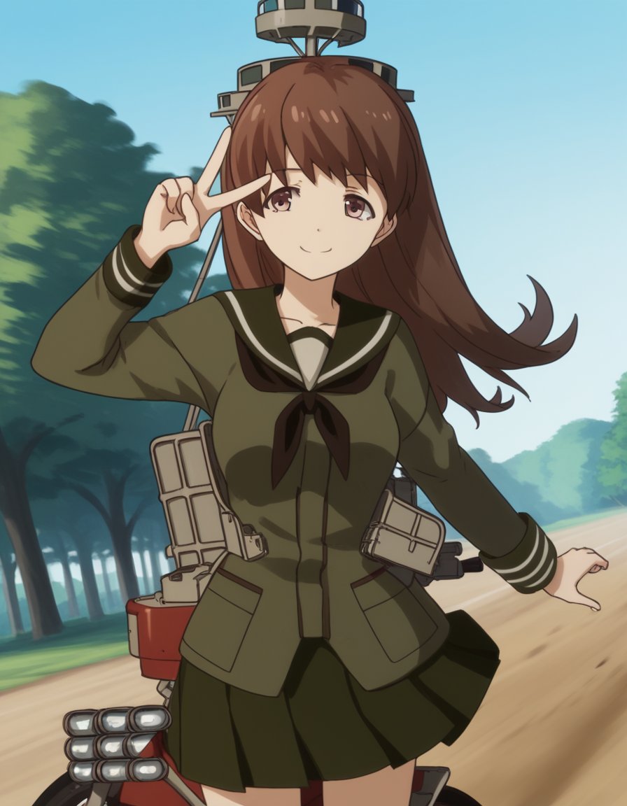 score_9, score_8_up, score_7_up, source_anime, <lora:kacolle-ooi-s1-ponyxl-lora-nochekaiser:1>, ooi, long hair, brown hair, brown eyes, ooi (kancolle), skirt, school uniform, pleated skirt, serafuku,, bike ride, countryside, dirt road, trees, afternoon sun, peaceful, alone, smile, , v, v over mouth, smug,, solo,, cowboy shot, dutch angle