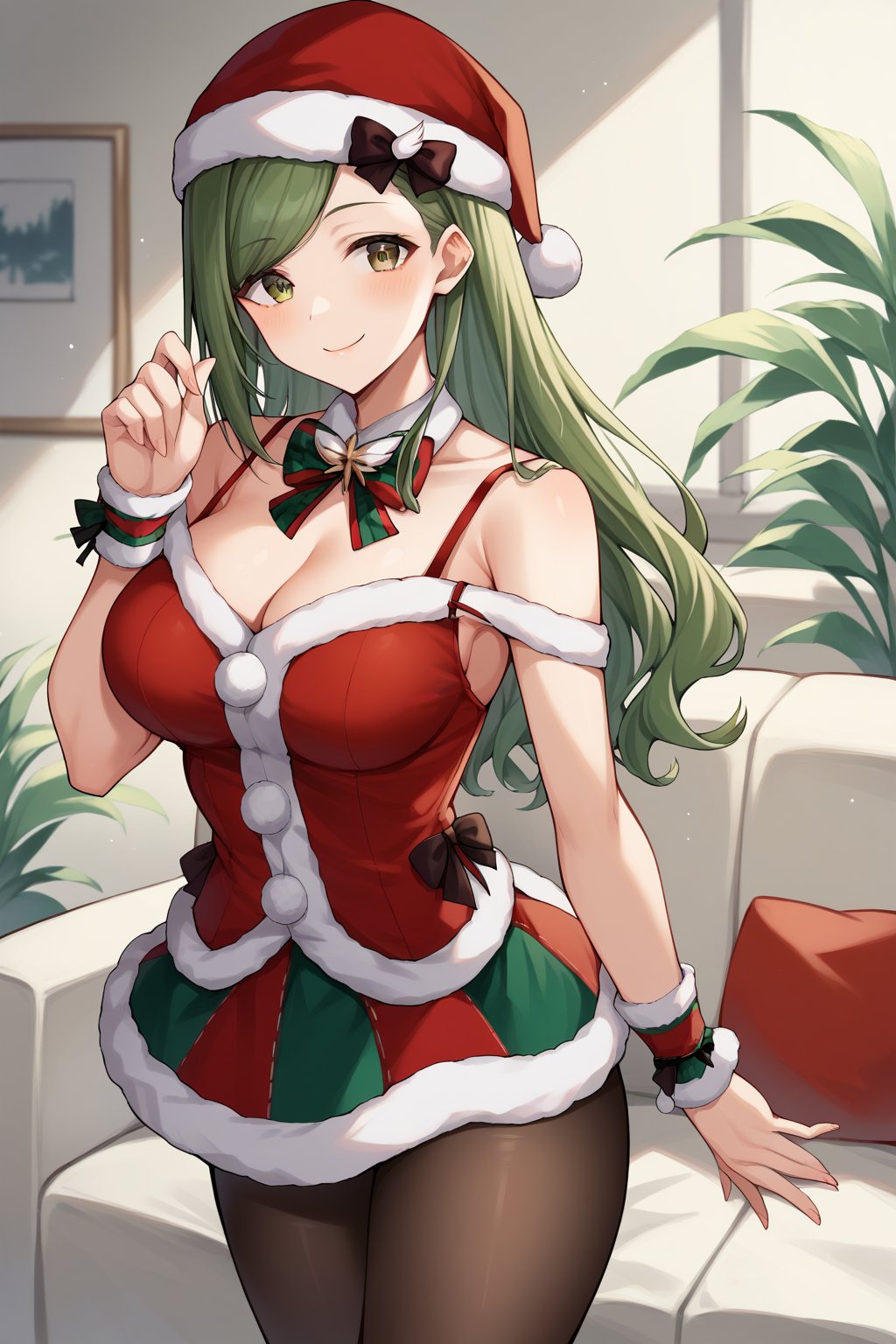 score_9, score_8_up, score_7_up, source_anime, hazukinanakusa, green hair, long hair, swept bangs, green eyes, large breasts, santa costume, santa hat, fur trim, bare shoulders, off shoulder, strap slip, multicolored skirt, red bowtie, green bowtie, multicolored bow, wrist cuffs, pantyhose, looking at viewer, smile, cowboy shot, couch, office,  <lora:nanakusa_hazuki_XL:0.9>