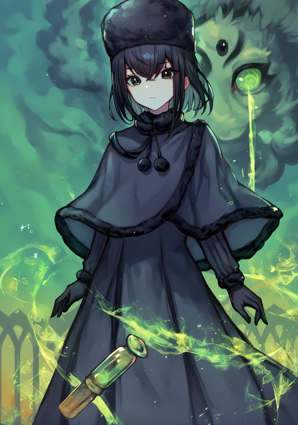 score_9, score_8_up, score_7_up, 1girl, gloves, hat, capelet, black capelet, fur hat, dress, black gloves, solo, black hair, short hair, black dress, long sleeves, bangs, fur-trimmed capelet, closed mouth, black headwear, fur trim, looking at viewer, hair between eyes, ushanka, black eyes, standing, animal, green eyes