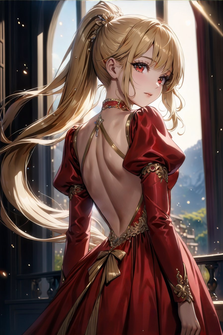 back focus, from behind, blonde hair, long hair, high ponytail, long ponytail, red eyes, long eyelashes, thick eyelashes, looking at viewer, red dress, backless dress, gold trim dress, puffy sleeves, juliet sleeves, long sleeves, red sleeves, light particles, blurry, bloom, shiny hair (Depth of field hdr 8k 4k wallpaper cinematic angle, cinematic lighting,:1.2) (masterpiece, best quality:1.2)