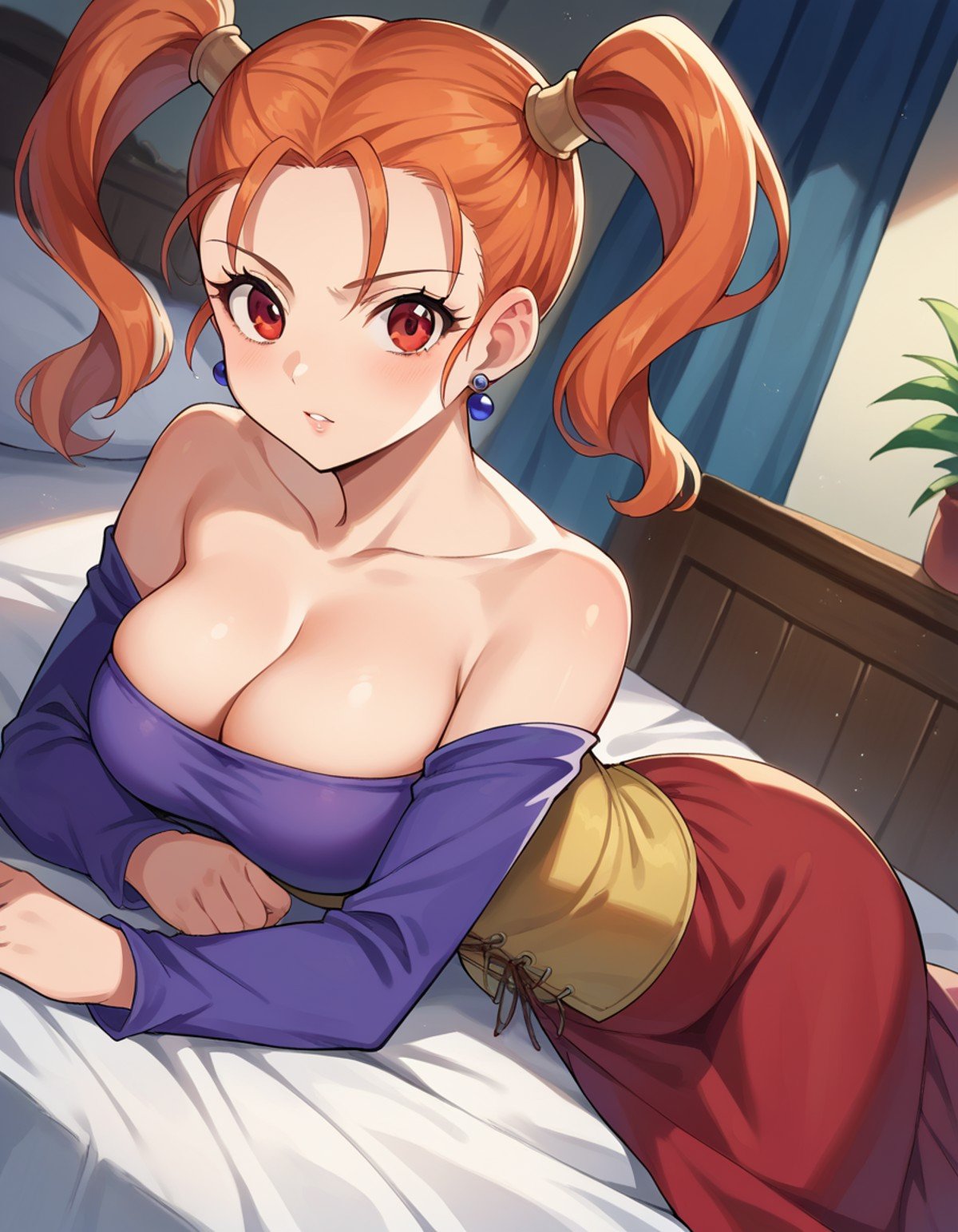 score_9, score_8_up, score_7_up, source_anime,jessicaalbert, <lora:jessica-albert-ponyxl-lora-nochekaiser:1>,jessica albert, orange hair, red eyes, twintails,bare shoulders, cleavage, dress, earrings, jewelry, off shoulder, off-shoulder dress, purple shirt, shirt, strapless, strapless dress, corset,indoors, bed, bed room, on side,looking at viewer, dutch angle, cowboy shot,