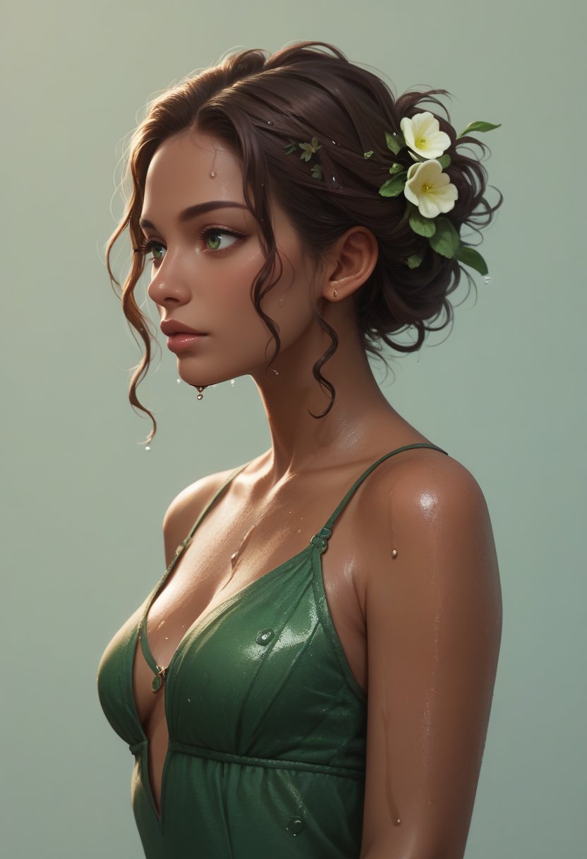 score_9, score_8_up, score_7_up, score_6_up, score_5_up, score_4_up, 1girl, mahogany skin, medium breasts , lips, wet-look hairstyle hair, chocolate hair, green eyes, wearingdress flower , upper body, simple background, 