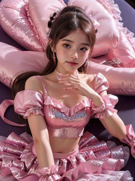 beautiful 1girl wearing a dusty rose pink (idol dress) <lora:idol_dress-2.0:0.8>,layered skirt, frills, ribbon, bow, sequins, (mocha hair Ballerina Bun),(Matterhorn, Switzerland),oblique angle,lying on stomach with chin resting on hands,amused