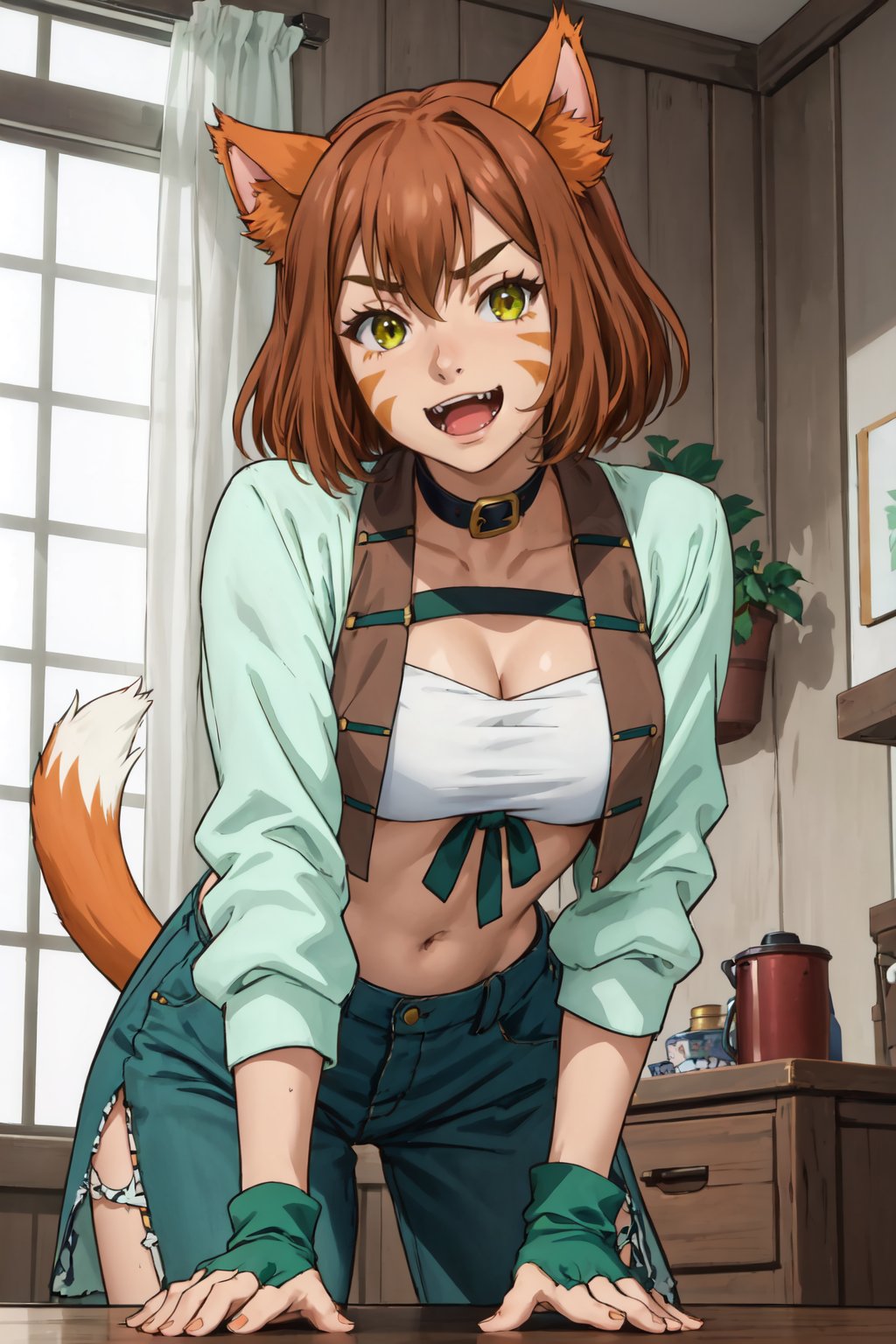 masterpiece, best quality, <lora:miyacatt-nvwls-v1-000010:0.8> 1girl, solo, miya, cat ears, whisker markings, collar, white bandeau, midriff, cleavage, cropped jacket, green pants, green gloves, fingerless gloves, tail, looking at viewer, open mouth, fangs, smile, furrowed brow, leaning forward, from below, looking at viewer, indoors