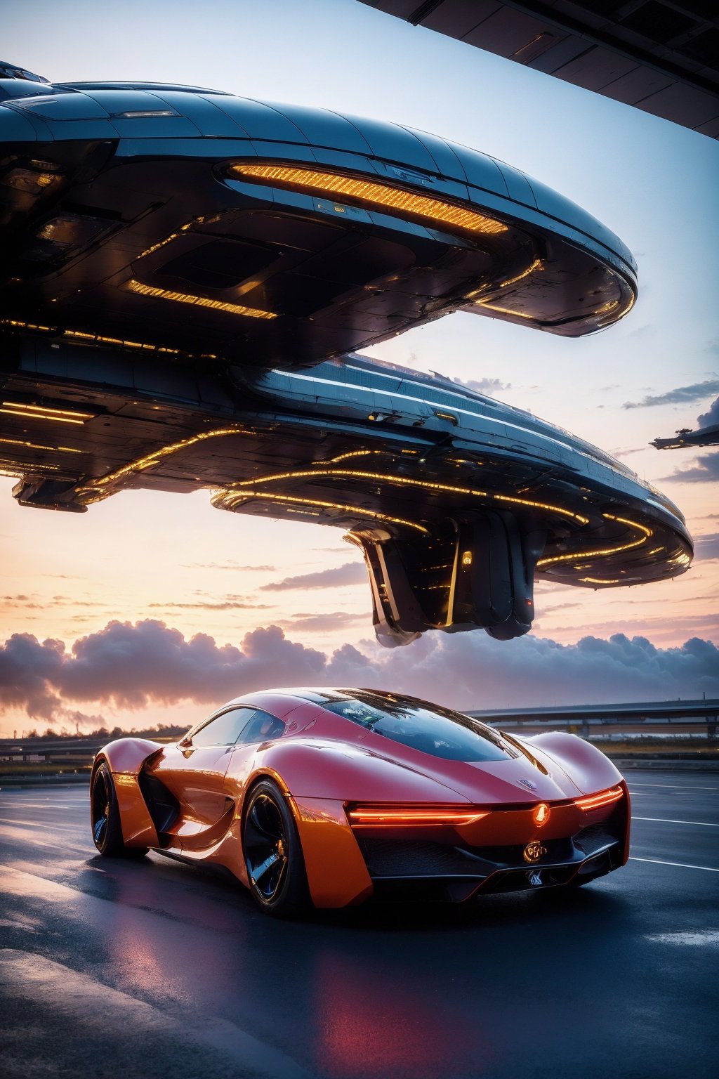 (photorealistic:1.4),(Realistic:1.2), car, motor vehicle, vehicle focus, science fiction, motion blur, no humans, city, flying, scenery, aircraft, cloud, building, road, sky, helicopter, outdoors, smoke, bridge, realistic, cloudy sky, truck, glowing, cyberpunk