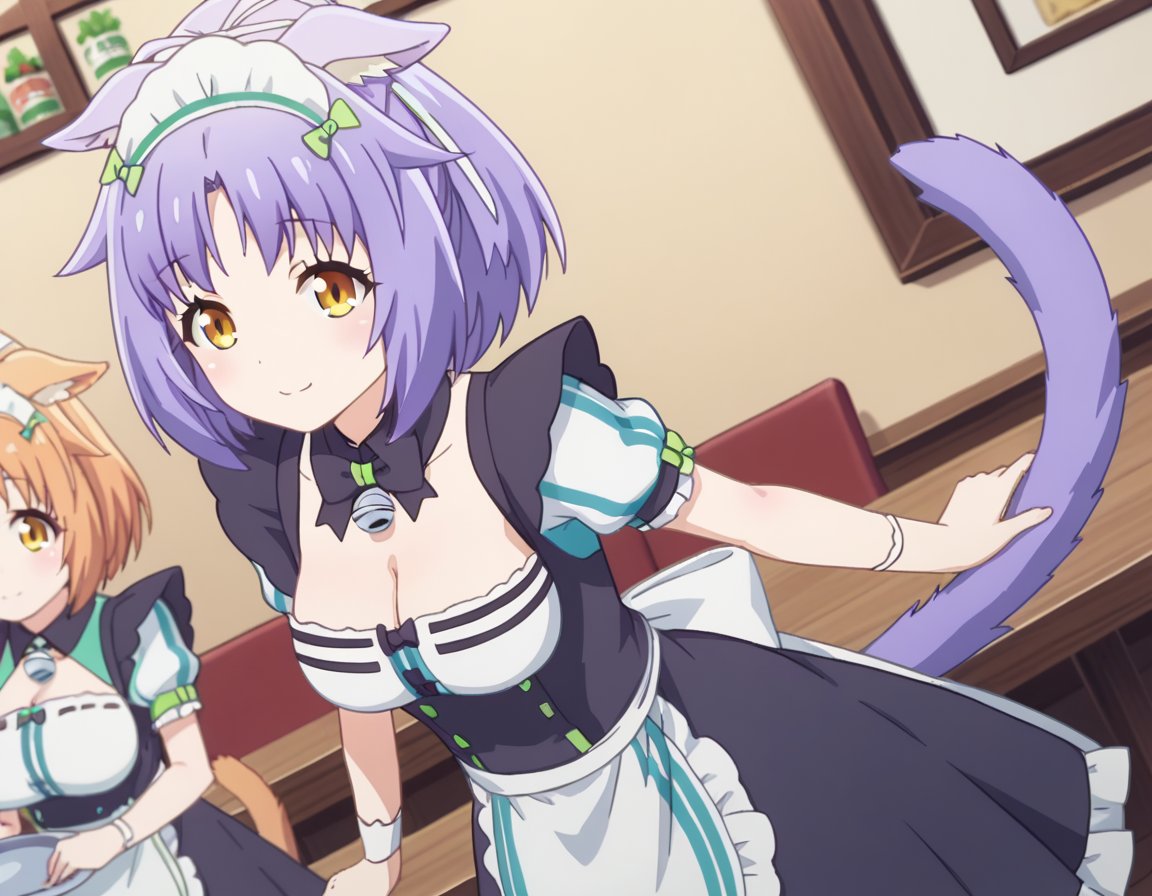 score_9, score_8_up, score_7_up, source_anime,nekoparacinnamon, <lora:nekopara-cinnamon-s1-ponyxl-lora-nochekaiser:1>,cinnamon, short hair, animal ears, yellow eyes, purple hair, cat ears,dress, bow, tail, short sleeves, frills, bowtie, apron, cat tail, maid, maid headdress, bell, cat girl, waist apron, jingle bell, neck bell, waitress, cleavage,indoors, cafe, bent over, smile,looking at viewer, solo, cowboy shot, dutch angle,