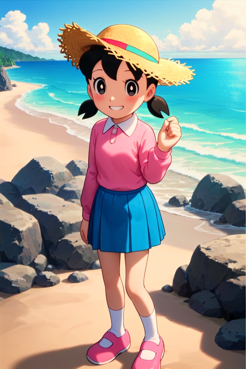 score_9, score_8_up, score_7_up, score_6_up, score_5_up, score_4_up, source_anime,minamoto sizuka,1girl, outdoors, hat, solo, skirt, twintails, black hair, socks, sky, shirt, blue skirt, beach, smile, day, cloud, shoes, black eyes, pink footwear, ocean, white socks, looking at viewer, long sleeves, pink shirt, blue sky, standing, full body, pleated skirt, bright pupils, short twintails, water, child, white pupils, collared shirt, blush, grin, straw hat, sun hat, hand up, low twintails,masterpiece, perfect face, best quality, beautiful girl, cute girl, beautiful eyes, shiny eyes, anime coloring, anime screencap, absurdres, award winning, full body,  <lora:minamoto shizuka mala 912:0.8>