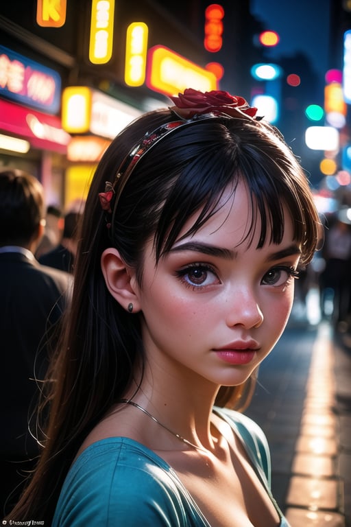 Tilt-shift photo of <lora:GirlfriendMix2:1>1girl, Tokyo street,night, cityscape,city lights, upper body,close-up, 8k, RAW photo, best quality, masterpiece,realistic, photo-realistic,red rose, . Selective focus, miniature effect, blurred background, highly detailed, vibrant, perspective control