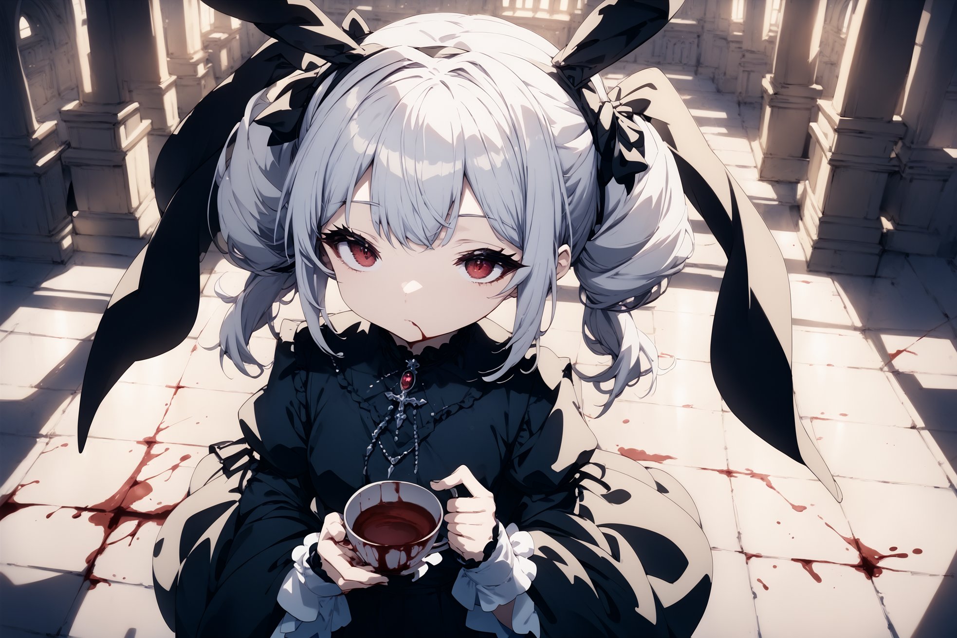 score_9,score_8_up,score_7_up,BREAK1girl,silver_hair,red_eyes,rabbit_ears,expressionless, gothic_fashion,blood_in_cup,broken_floor,church,