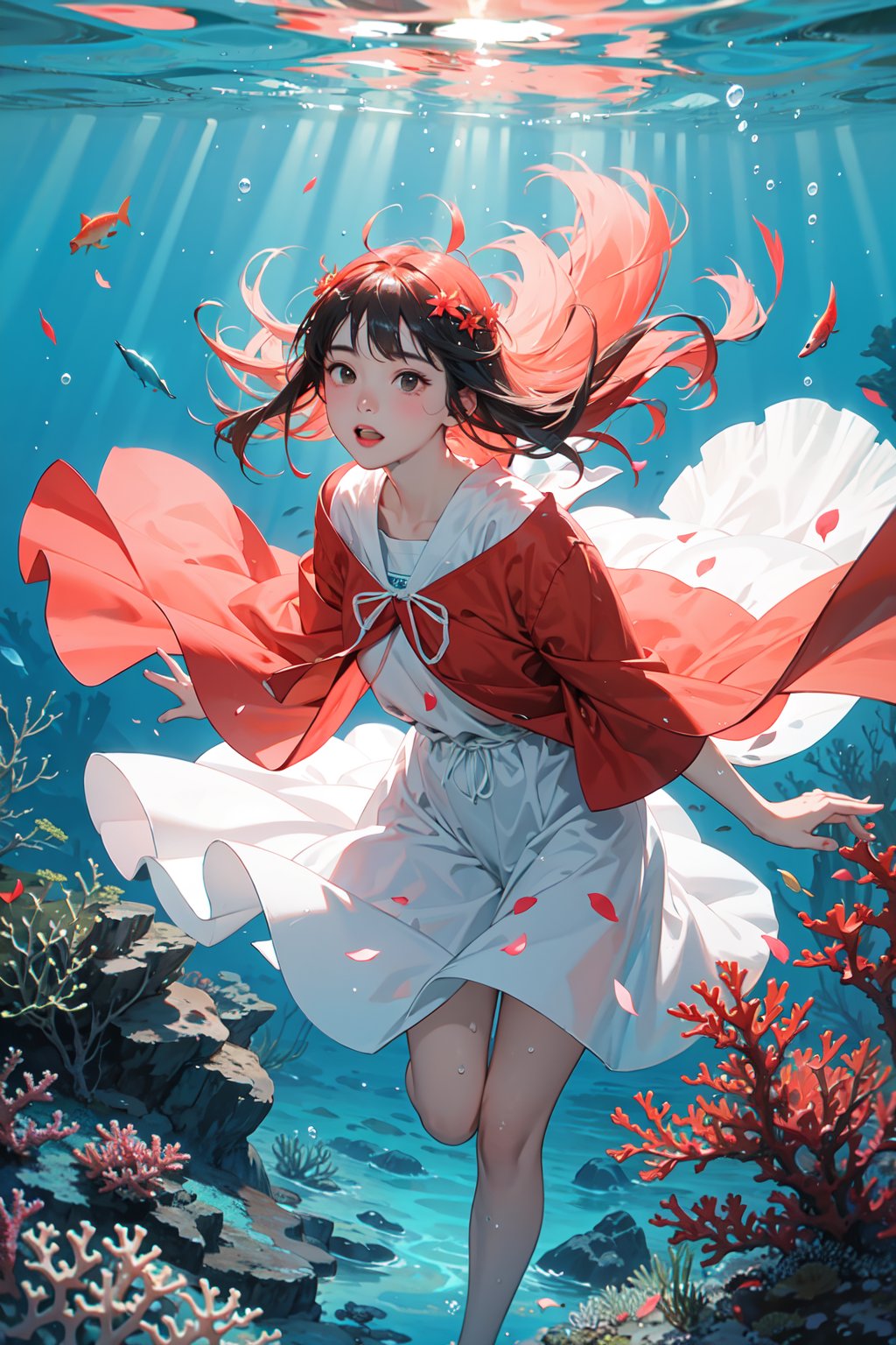 1girl,((breeze)), flying splashes, flying petals, wind,((underwater)),(beautiful detailed water),((coral)),dynamic angle, floating,(detailed light),floating hair,(splash),((fishes)),leaves dress, feather, nature,(sunlight),(underwater forest),(bloom),(detailed glow),drenched, seaweed, fish,(((Tyndall effect))),